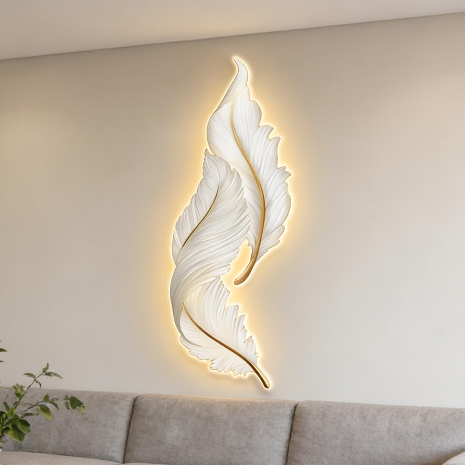 wihgony 3D Feather LED Wall Art with Plug-in Lighting, Modern Luxury Wall Decor for Entryway, Living Room & Bedroom(A,42x80cm/16.5x31.5in)