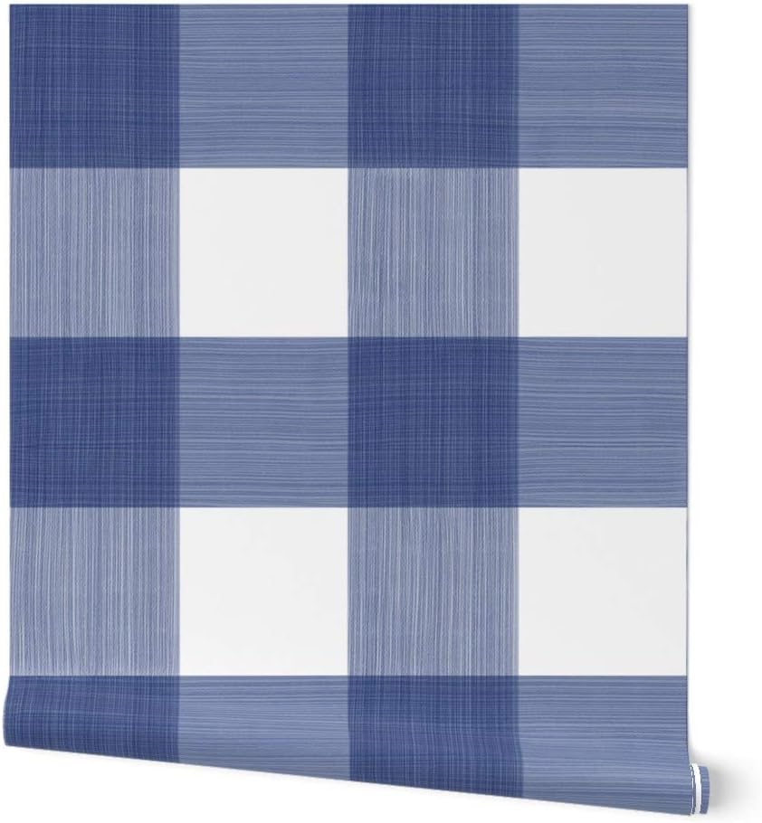 Peel & Stick Wallpaper 12ft x 2ft - Navy Buffalo Plaid Check Gingham Blue White Painted Large Custom Removable Wallpaper by Spoonflower