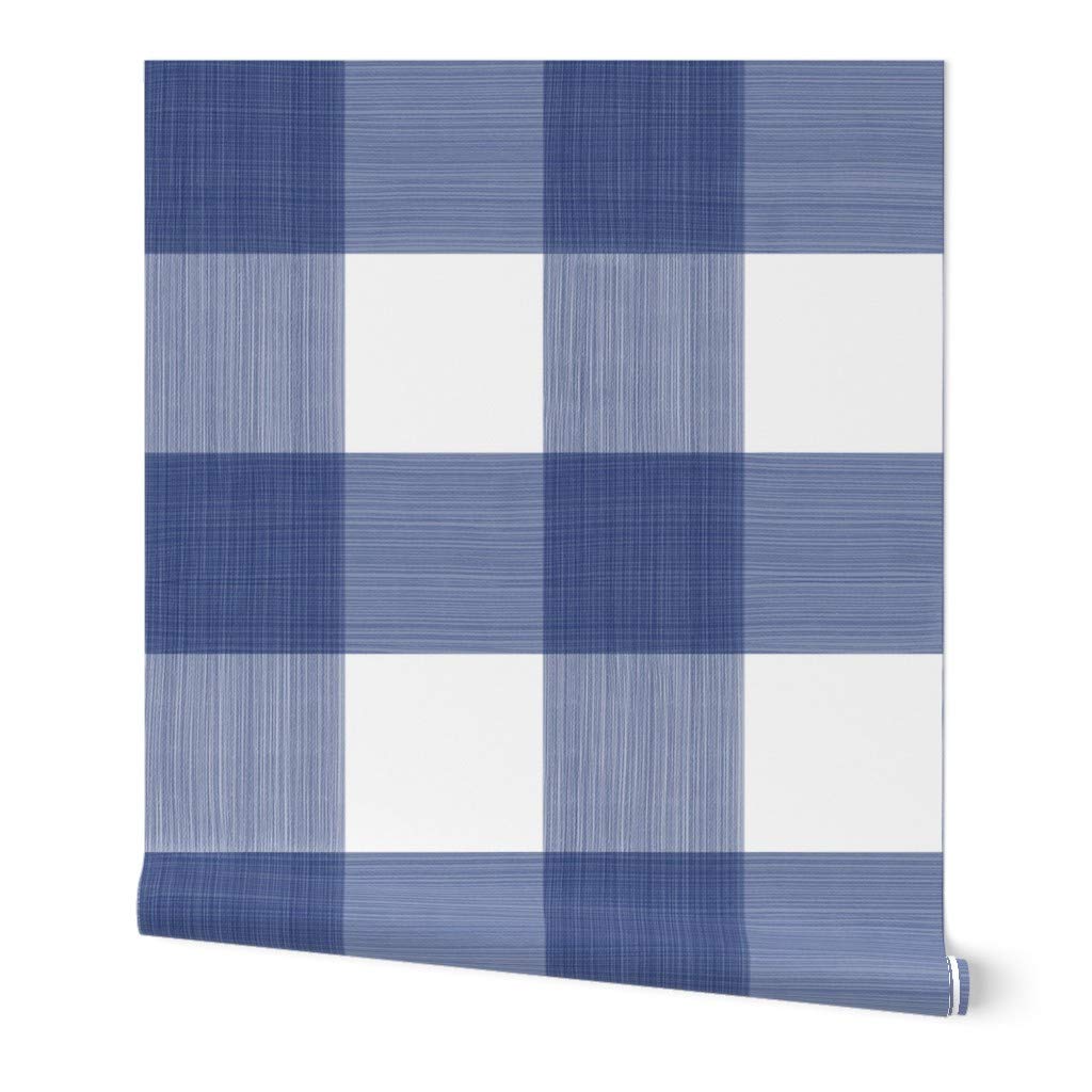 Peel & Stick Wallpaper 12ft x 2ft - Navy Buffalo Plaid Check Gingham Blue White Painted Large Custom Removable Wallpaper by Spoonflower