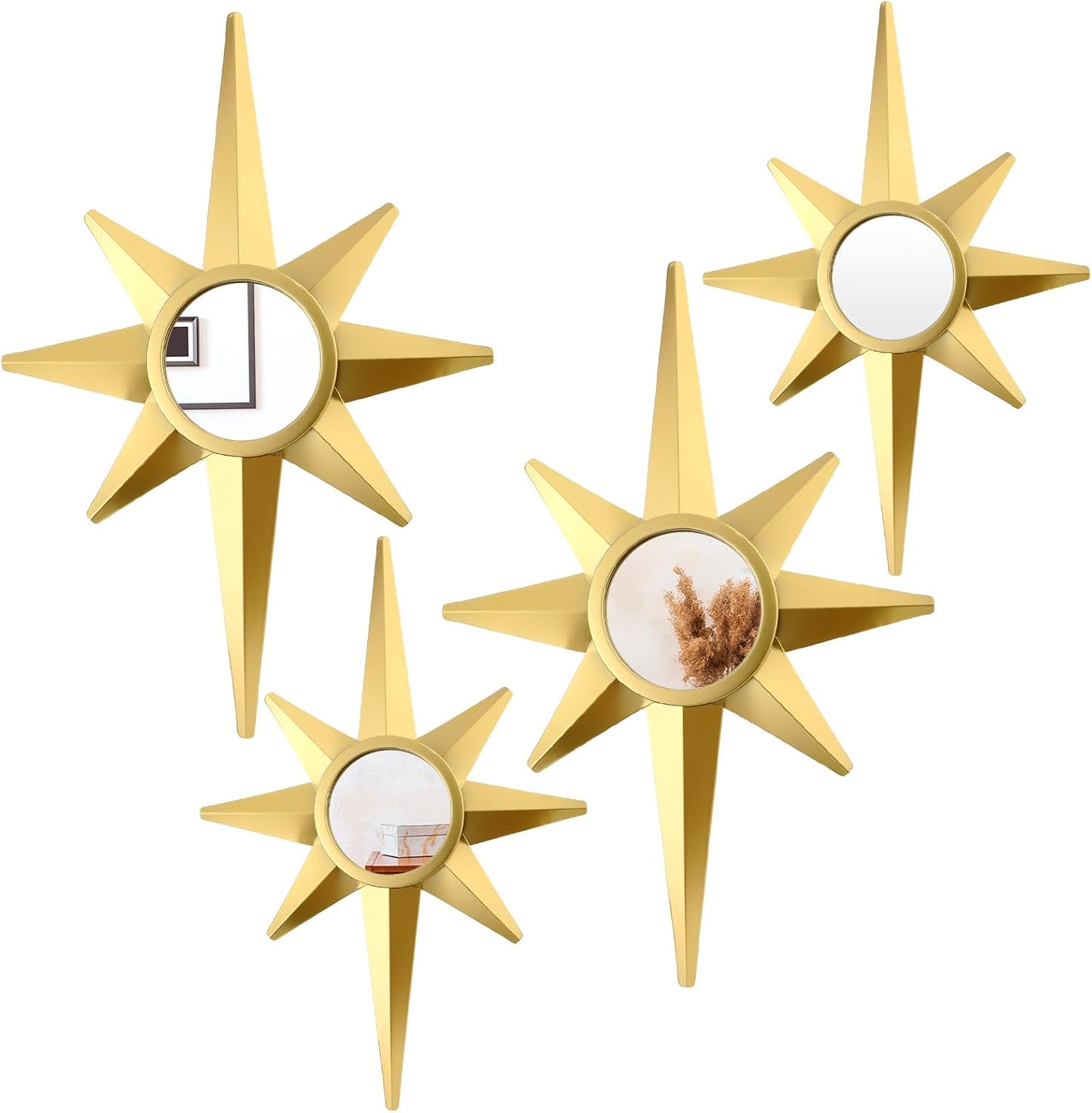 Mid Century Atomic Star Gold Metal Wall Mirror Set for Home Office