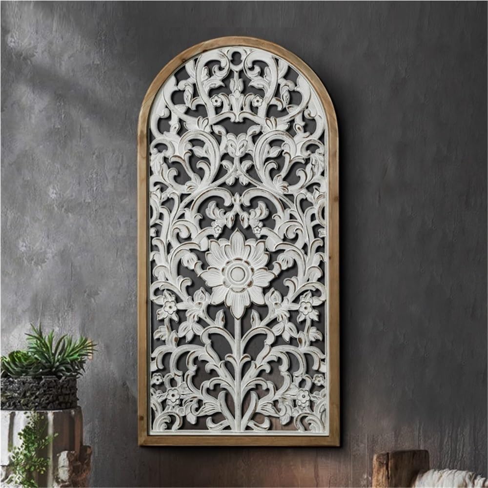 Distressed White Hand Carved Floral Wood Arched Wall Decor Farmhouse Style