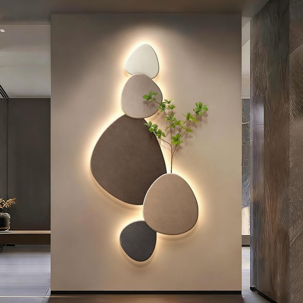 3D Crystal Porcelain Wall Art with LED Light, Entrance Decorative Painting with Faux Greenery, UV Carved Wall Art Sculpture for Living Room Hallway(Good Fortune A,50x100cm/19.7x39.4in)