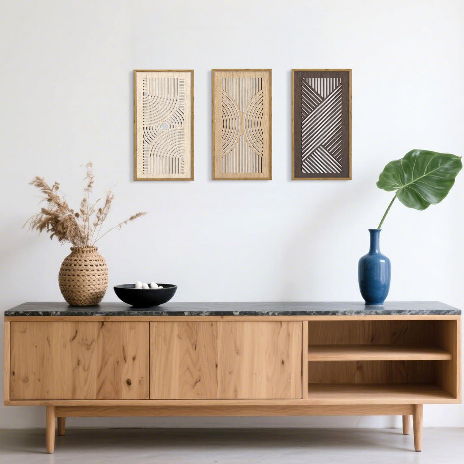 HPNIUB 3 PCS Boho Wall Decor, Minimalist Mid Century Abstract Geometric Line Carved Hanging Wood Sign for Living Room, 8x16Inch Modern Wooden Plaque Wall Art for Bedroom Office Apartment Decoration