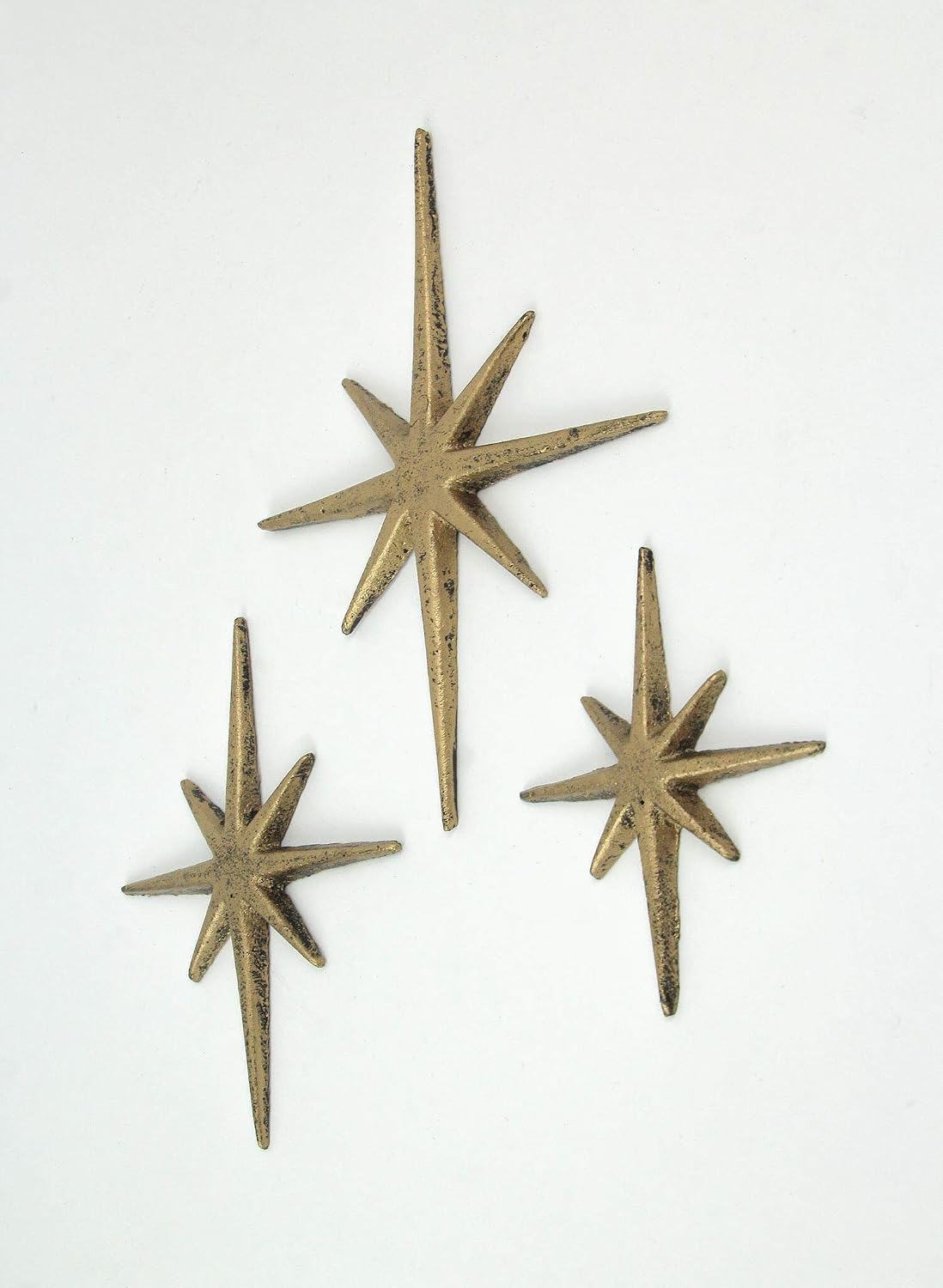 Zeckos Set of 3 Gold Finish Cast Iron 8-Pointed Atomic Starburst Wall Hangings - Mid-Century Modern Elegance - Easy Install - Perfect for Vintage and Eclectic Decor