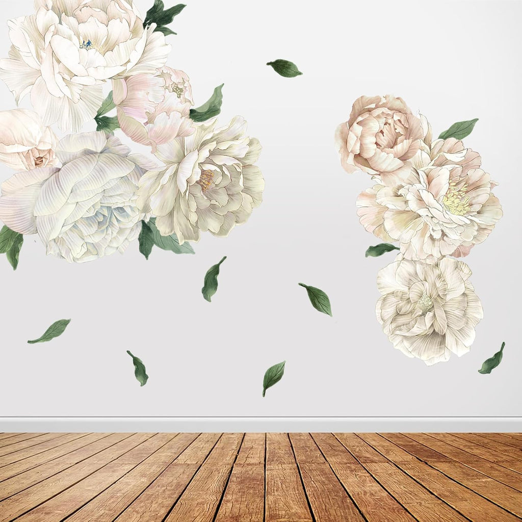 Romantic White Peony Wall Decals, Large Flower Vinyl Wall Art for Nursery & Wedding Decor, Botanical Stickers for Bedroom, Blush Floral Decal