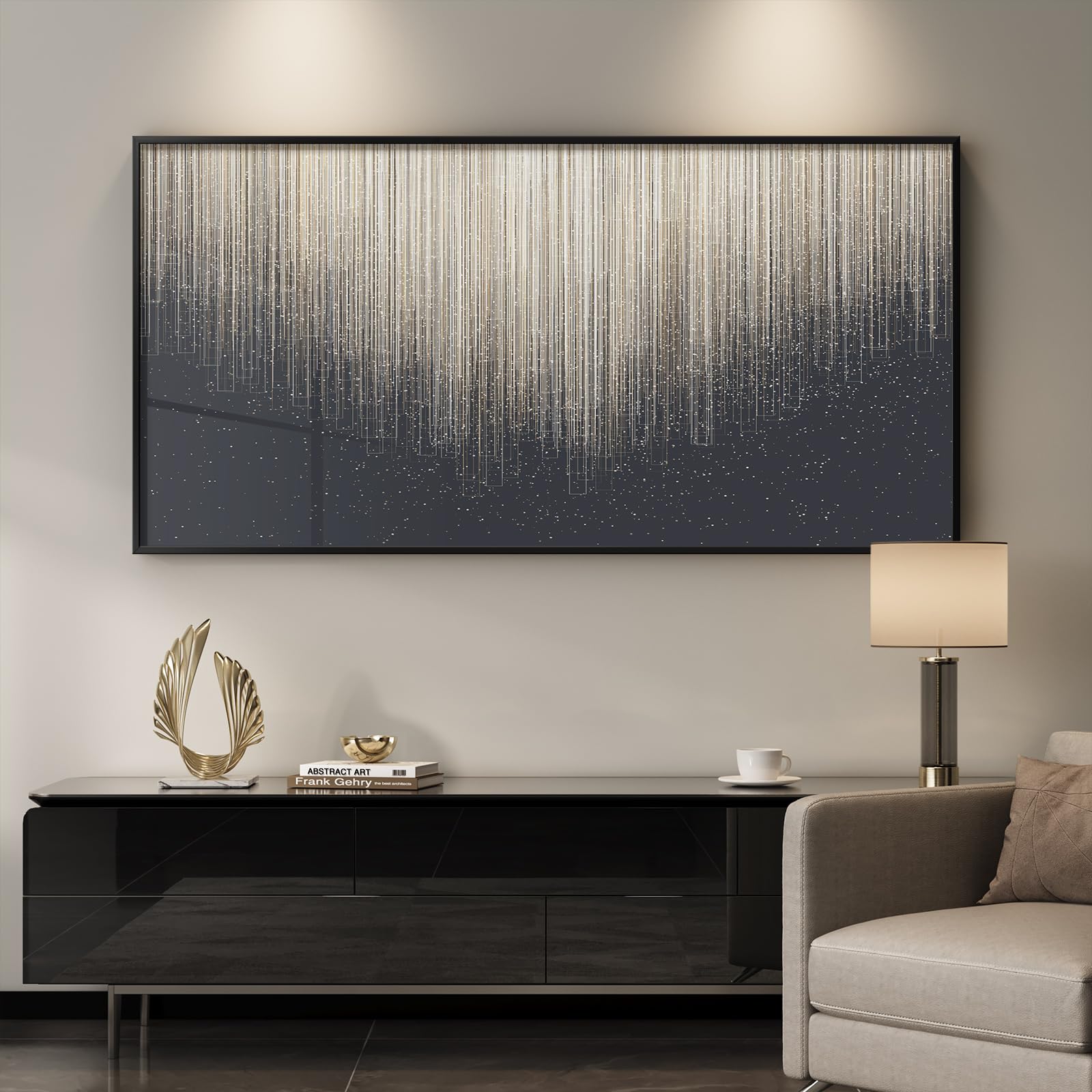 Large Framed Modern Luxury Gold Wall Art for Living Room, Horizontal Bright Style Artwork for Walls, Contemporary Geometric Picture Prints Painting Decor for Bedroom Hallway Dining Room 56x28 Inch