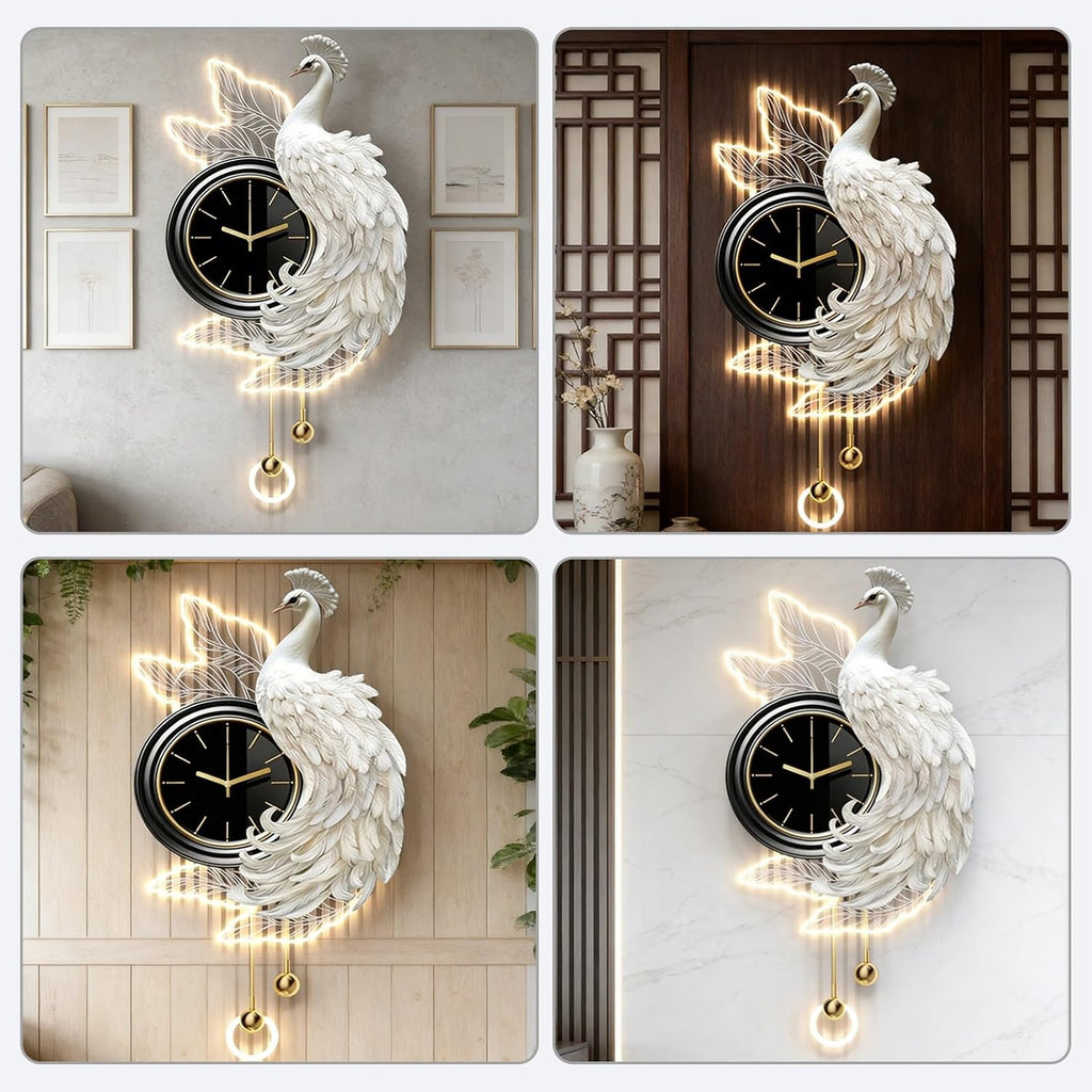 31.4in White Peacock LED Wall Art with Silent Clock Metal Sculpture