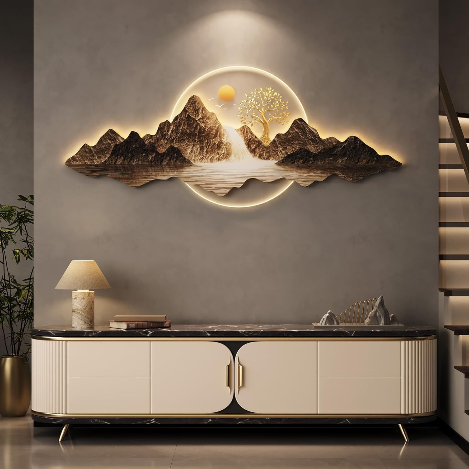 Troartos LED Wall Art Decor for Living Room, Large 3D Acrylic Modern Landscape Horizontal Artwork for Walls, Luxury Nature Painting Wall Decor for Hallway Dining Room Office