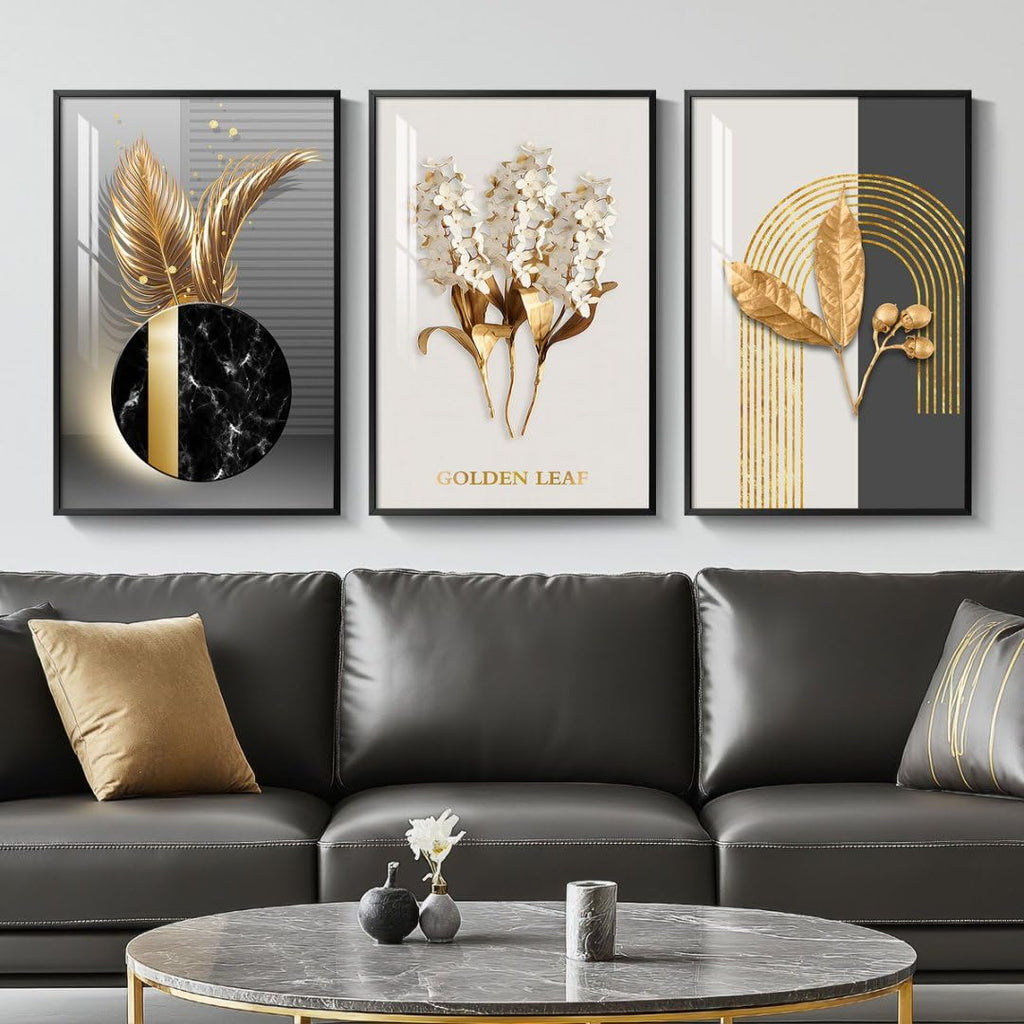 Framed Modern Luxury Gold Large Wall Art for Living Room, Set of 3 Piece Contemporary Paintings Artwork for Walls, Golden Prints with Gold Frame, Big Pictures for Hallway Office Wall Decor 24x36 Inch