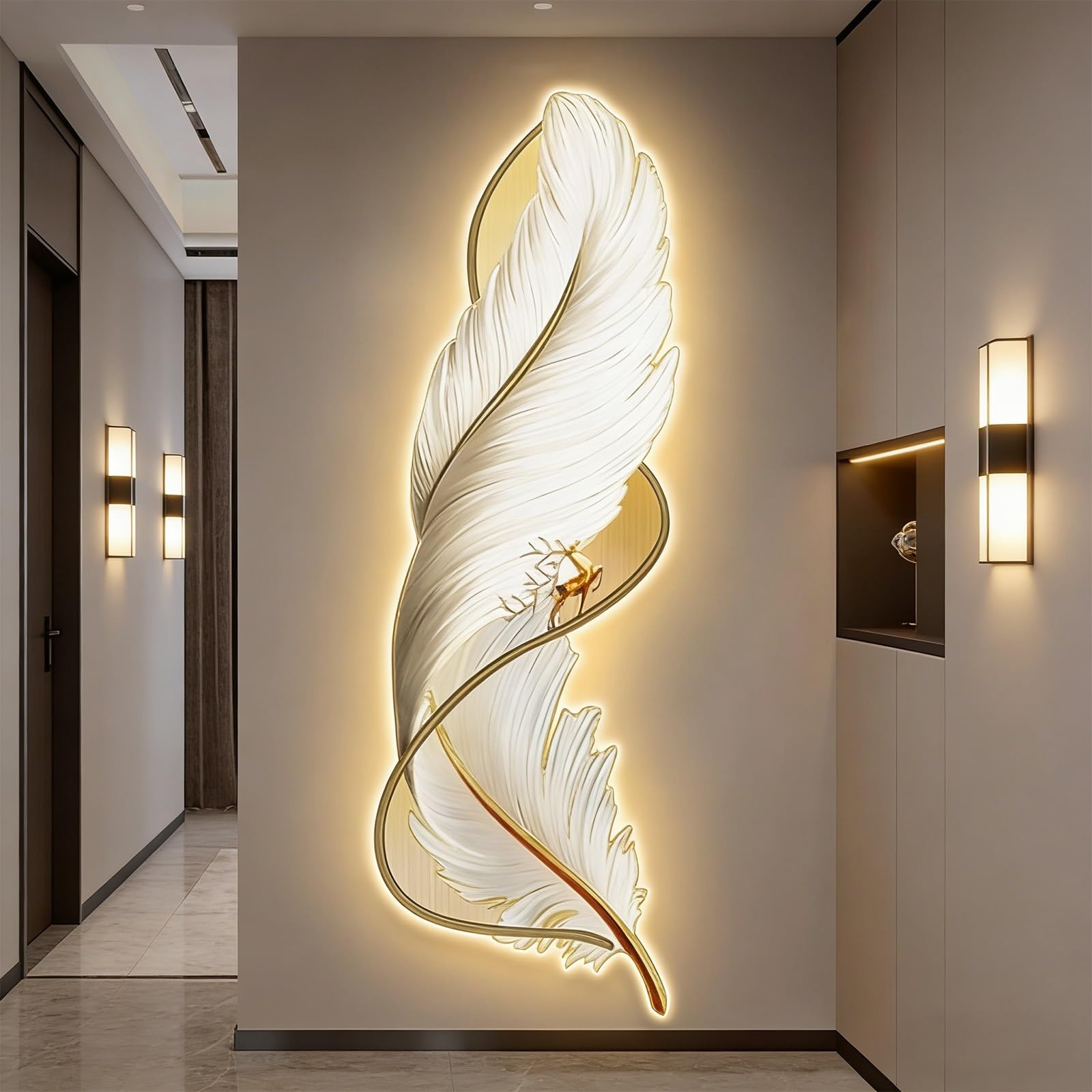 wihgony 3D Feather LED Wall Art with Plug-in Lighting, Modern Luxury Wall Decor for Entryway, Living Room & Bedroom(A,42x80cm/16.5x31.5in)