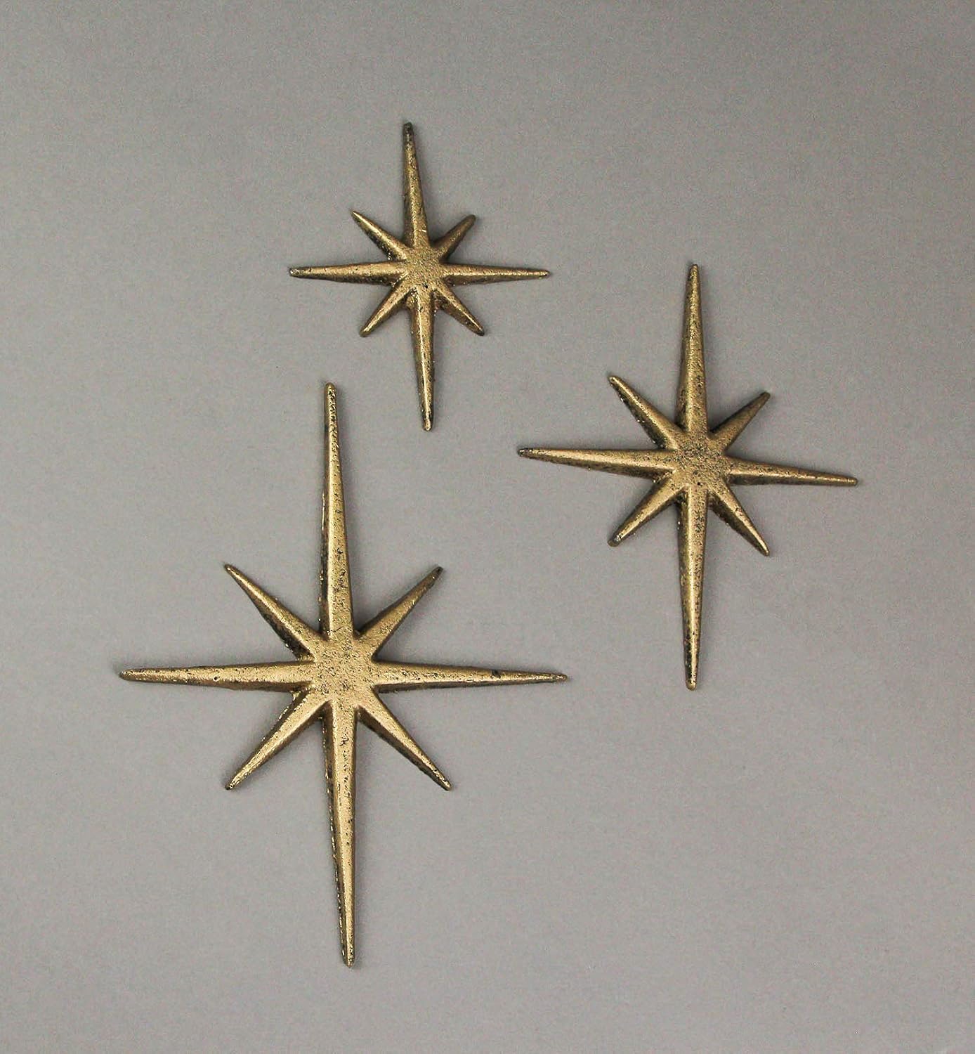 Zeckos Set of 3 Gold Finish Cast Iron 8-Pointed Atomic Starburst Wall Hangings - Mid-Century Modern Elegance - Easy Install - Perfect for Vintage and Eclectic Decor