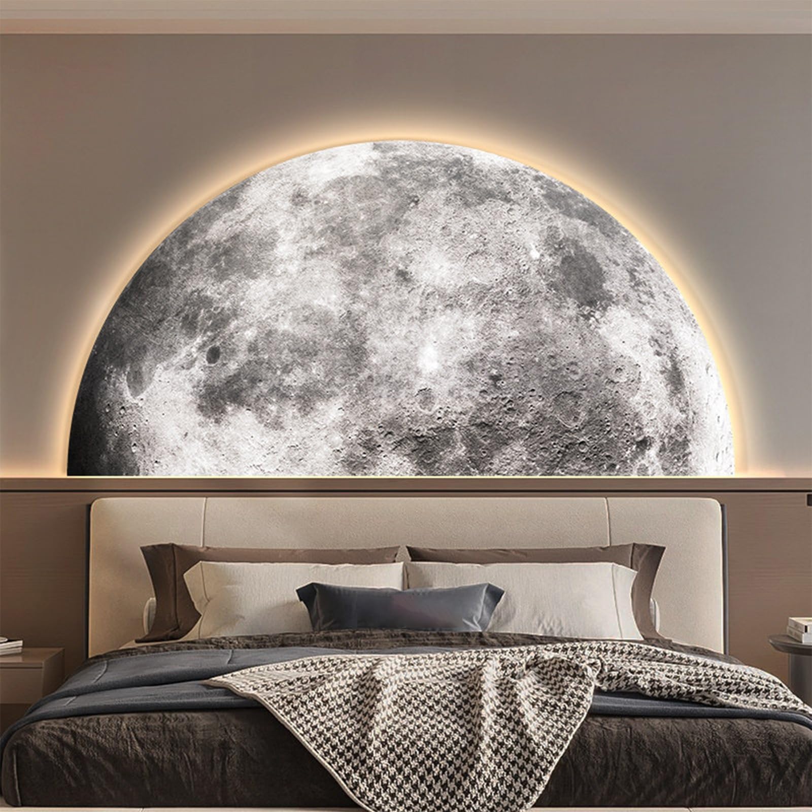 TeHWiEEphs Modern 3D Textured Moon Round 3D LED Wall Art with Remote Control Dimmable Lighting, Elegant Crystal Porcelain Decor for Living Room, Bedroom, Entryway & Accent Walls(S,47.24x23.62in)