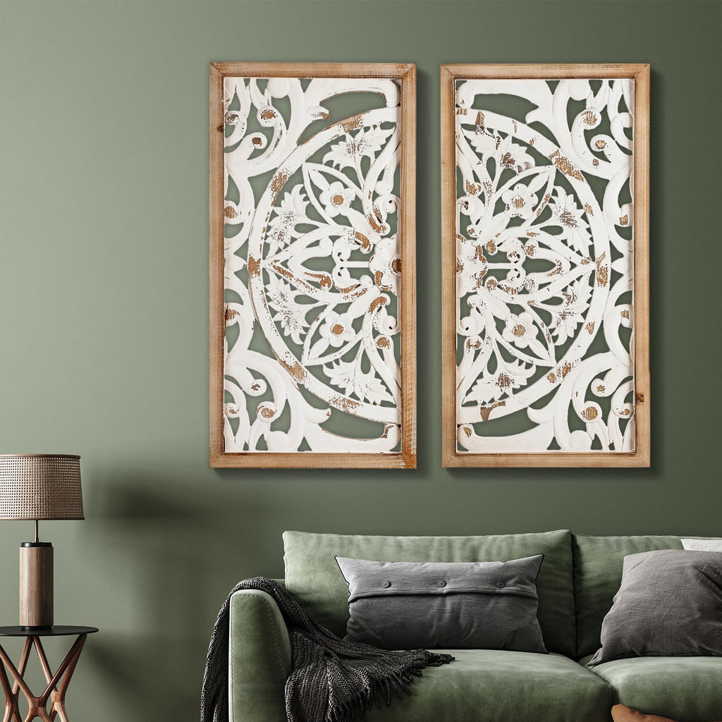 XIAOAIKA Boho Carved Wood Wall Art - Distressed Antique Floral Design Decorative Wall Panels, Large Wood Sculpture for Living Room, Bedroom, Entrance Hall (33 Inches, 2 Panels)