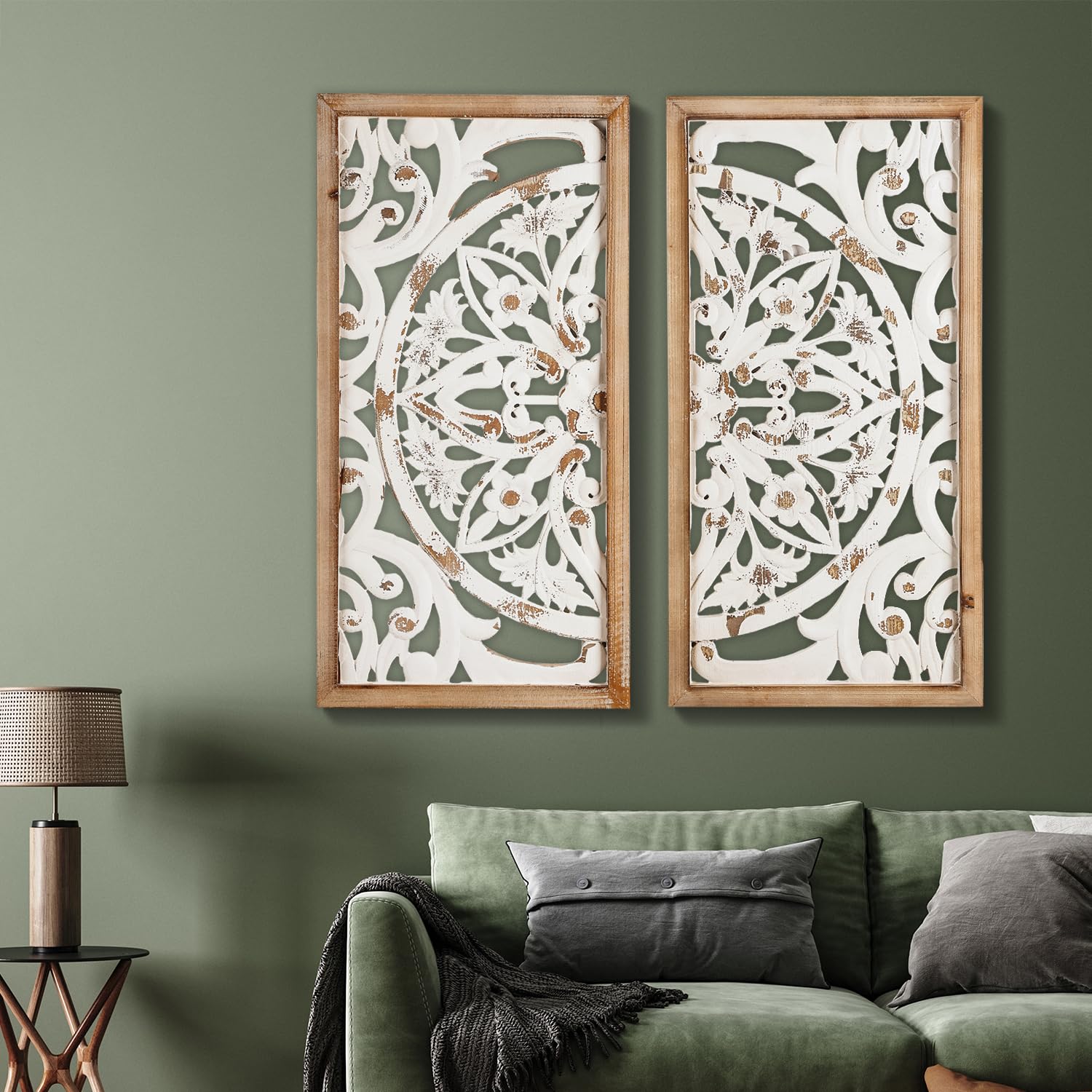 XIAOAIKA Boho Carved Wood Wall Art - Distressed Antique Floral Design Decorative Wall Panels, Large Wood Sculpture for Living Room, Bedroom, Entrance Hall (33 Inches, 2 Panels)