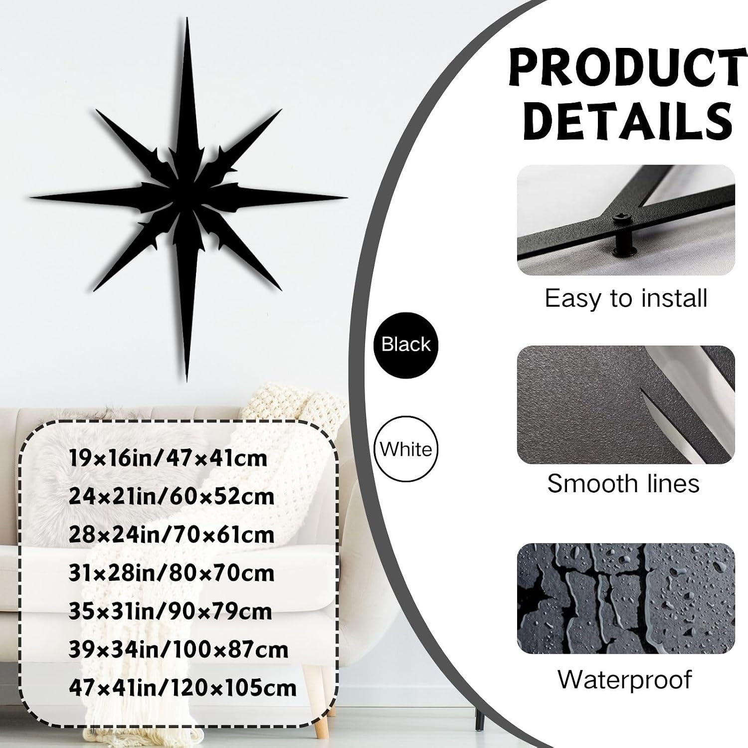 ENJOYOO Metal Starburst Wall Decor, Metal Starburst, Star Burst Wall Decor, Wall Art Starburst for Living Room, Bedroom, Outdoor (Black, 19×16in/47×41cm, metal wall art)