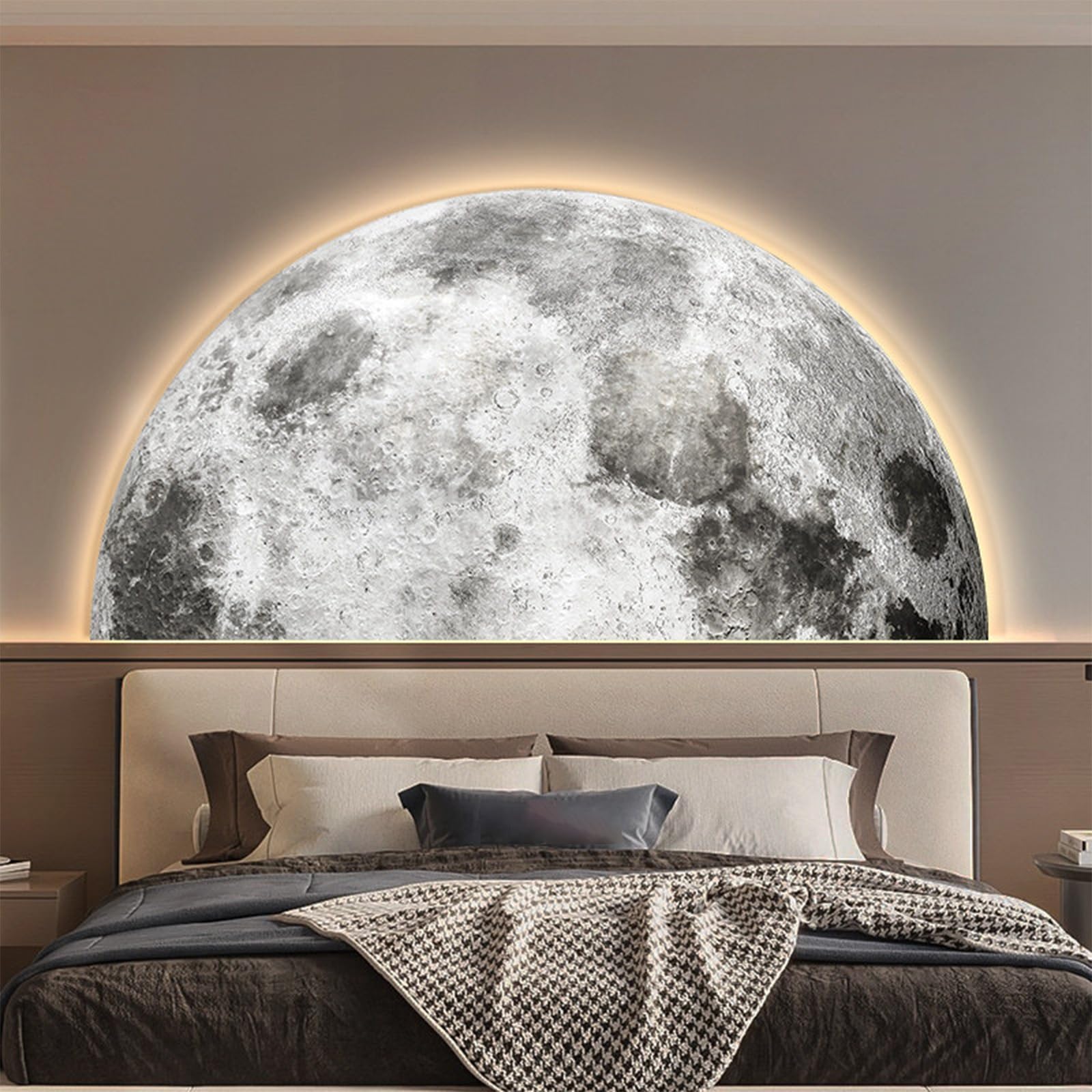 TeHWiEEphs Modern 3D Textured Moon Round 3D LED Wall Art with Remote Control Dimmable Lighting, Elegant Crystal Porcelain Decor for Living Room, Bedroom, Entryway & Accent Walls(S,47.24x23.62in)
