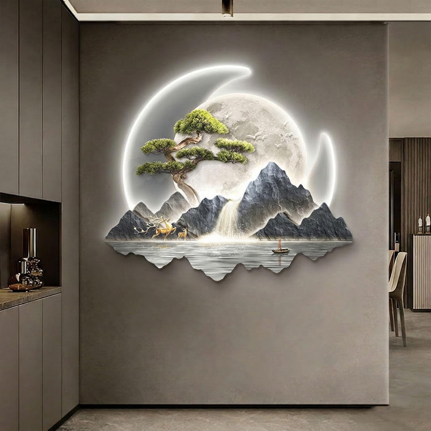 SHYJSGHZ Dimmable 3D LED Wall Art Decor, Golden Money Tree & Mountain Landscape Wall Sculpture, Modern Lighted Picture for Living Room, Entryway, Foyer(F,29.5x25.6in)