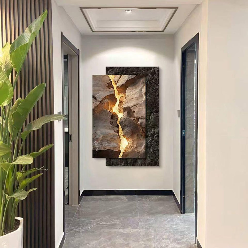 SFJATTA Modern Wall Art with Remote Control, UV Carved Crystal Porcelain Decorative Painting with Warm LED Light, Gold Flow Texture Landscape Wall Decor for Living Room Bedroom(Gray,31.5 * 18.9in)