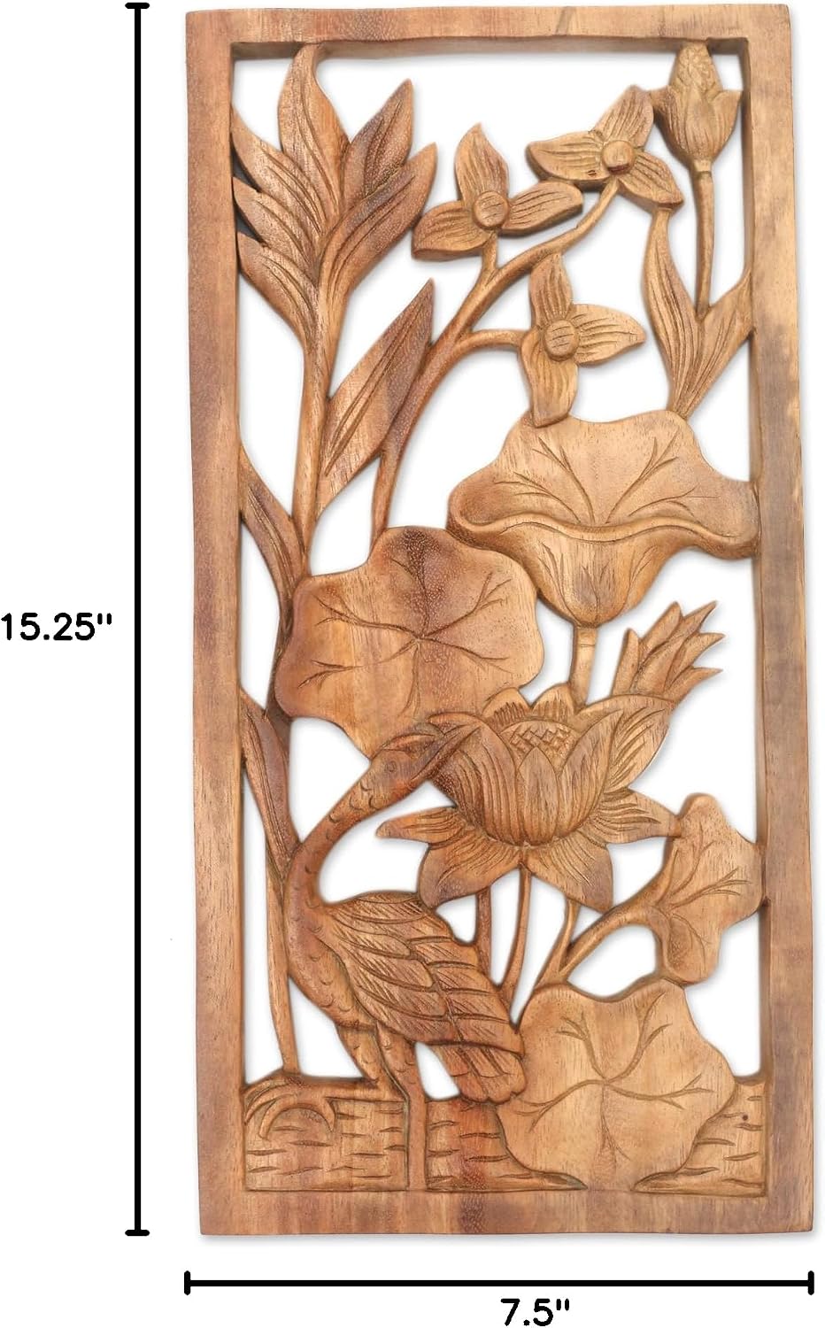 NOVICA Natural Wood Carved Relief Panel Heron and Flower Wall Sculpture, Heron Pond', Brown 7.50" x 15.25"
