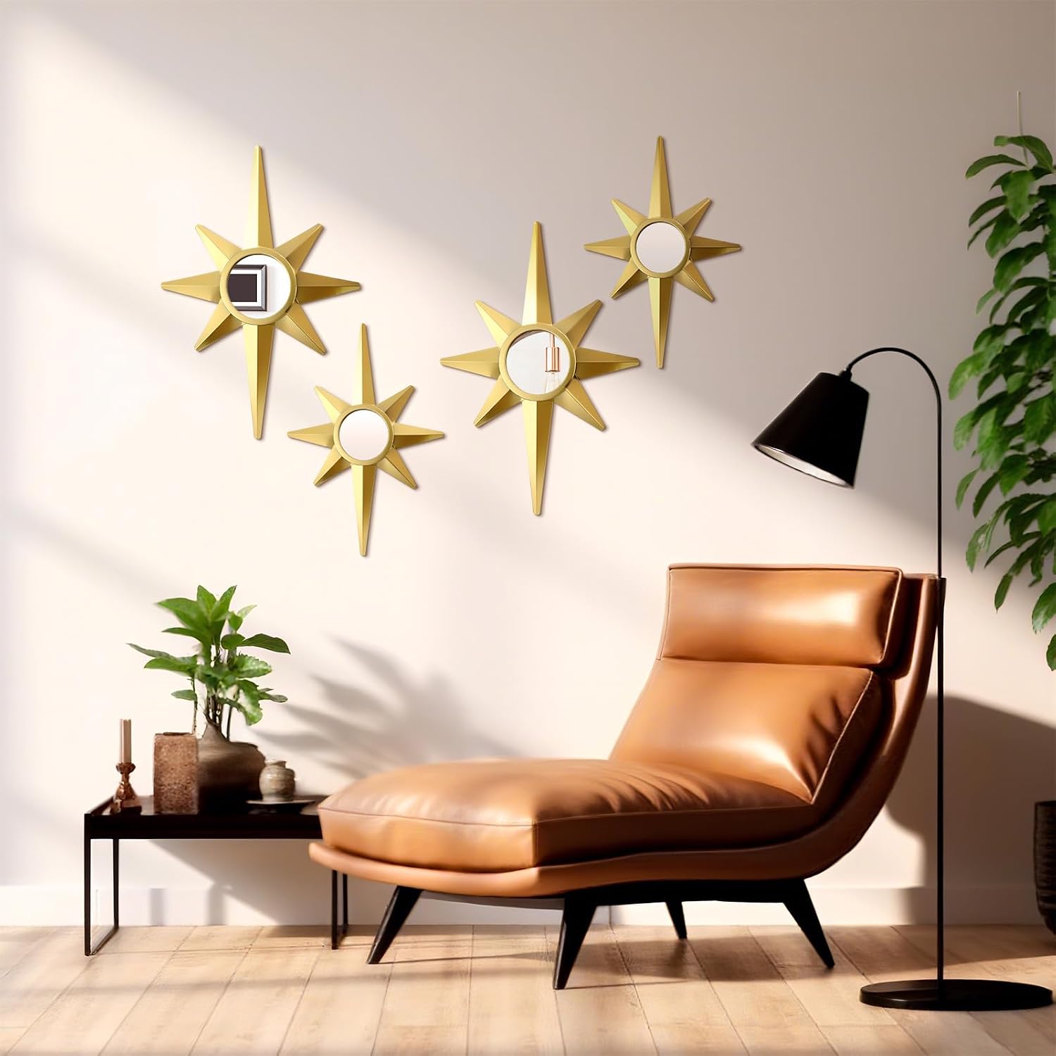 Mid Century Atomic Star Gold Metal Wall Mirror Set for Home Office