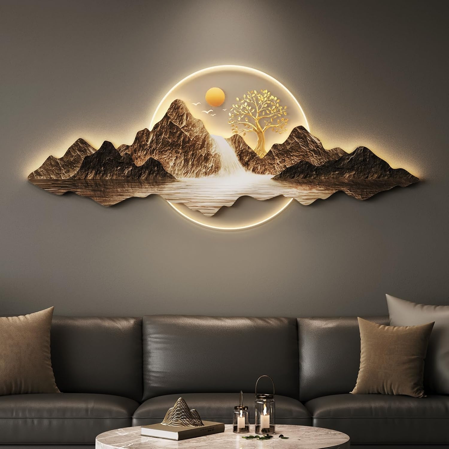 Troartos LED Wall Art Decor for Living Room, Large 3D Acrylic Modern Landscape Horizontal Artwork for Walls, Luxury Nature Painting Wall Decor for Hallway Dining Room Office