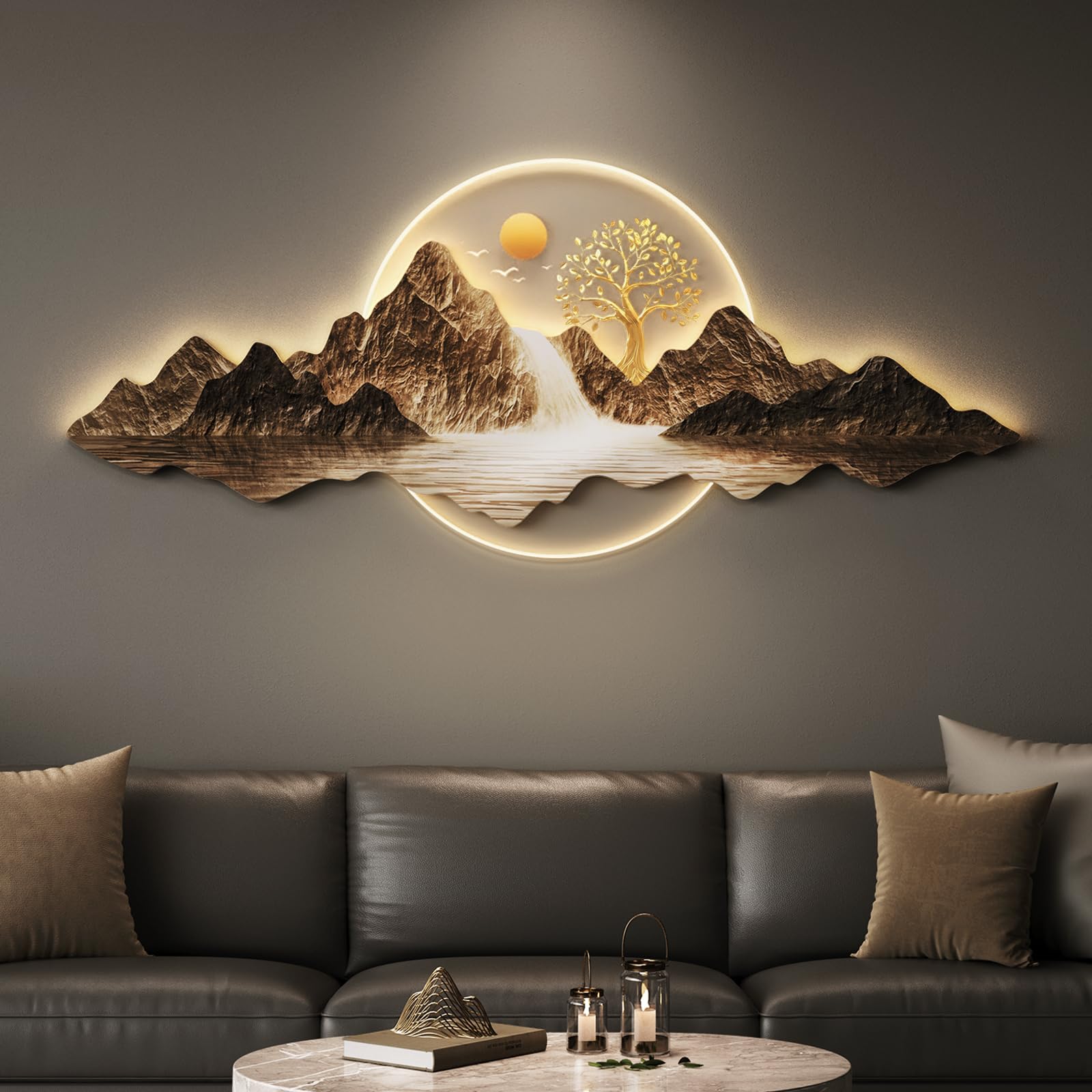 Troartos LED Wall Art Decor for Living Room, Large 3D Acrylic Modern Landscape Horizontal Artwork for Walls, Luxury Nature Painting Wall Decor for Hallway Dining Room Office