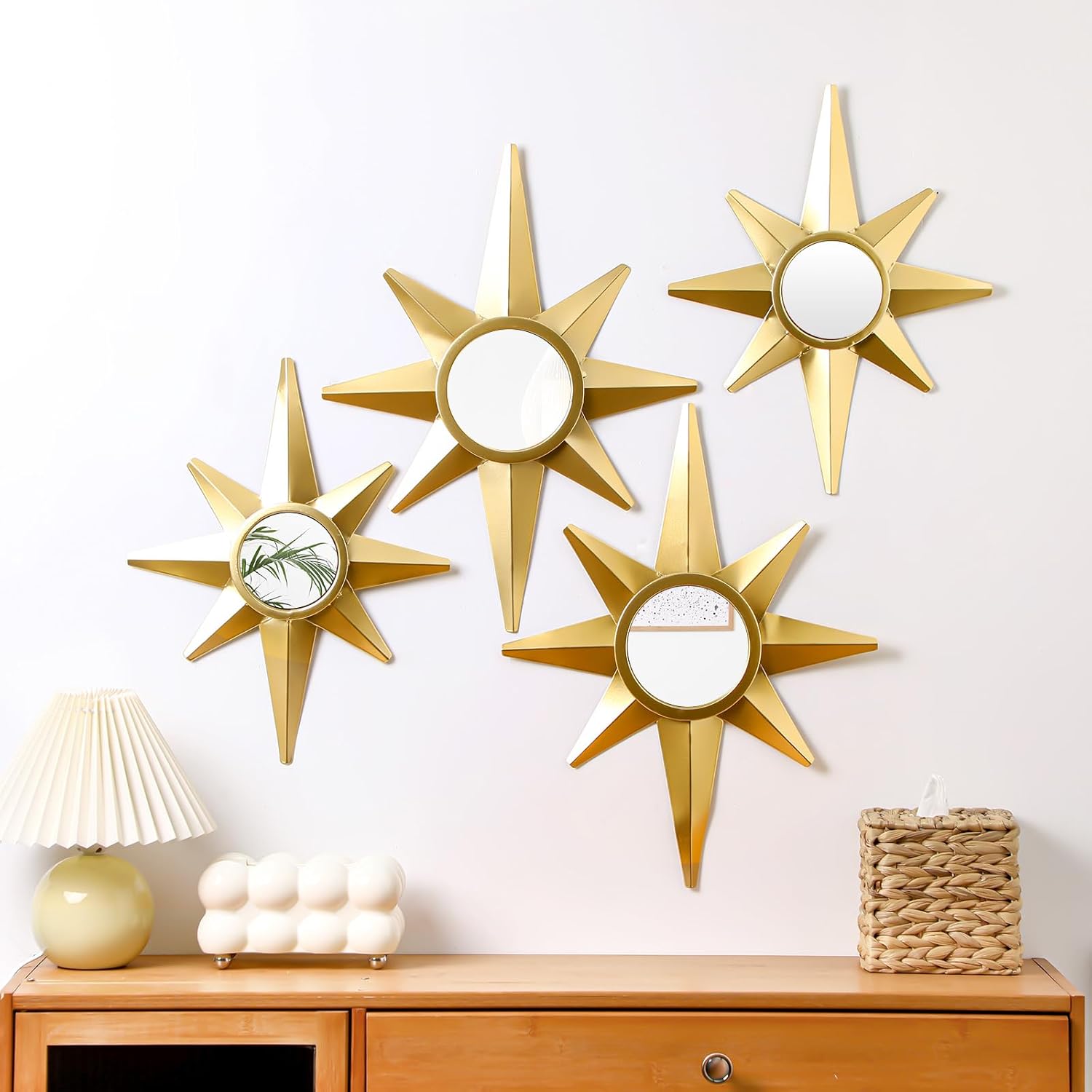 Mid Century Atomic Star Gold Metal Wall Mirror Set for Home Office