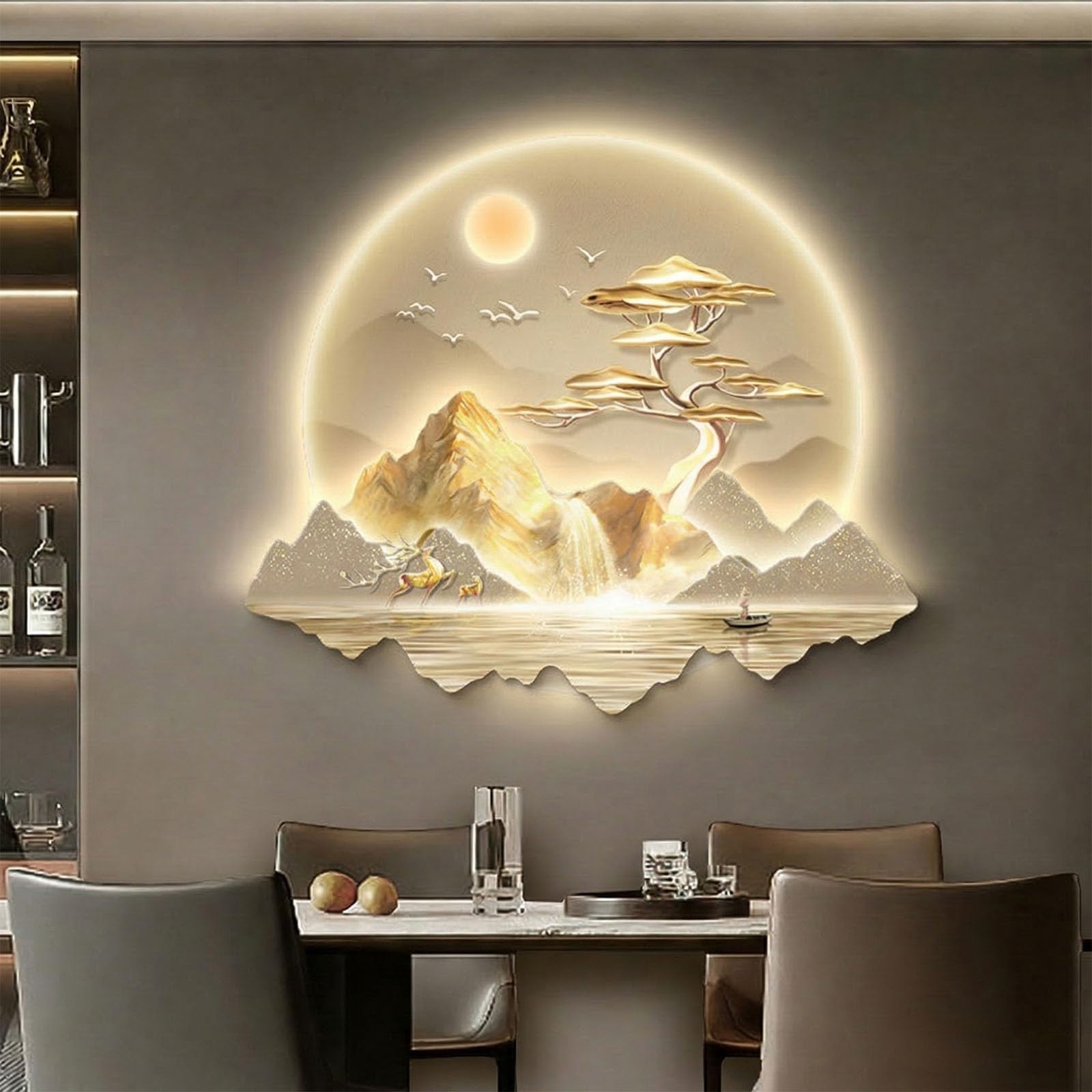 SHYJSGHZ Dimmable 3D LED Wall Art Decor, Golden Money Tree & Mountain Landscape Wall Sculpture, Modern Lighted Picture for Living Room, Entryway, Foyer(F,29.5x25.6in)