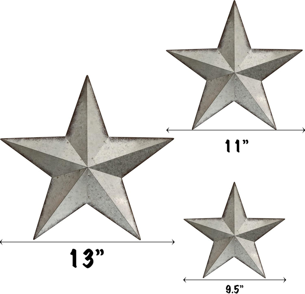COLLECTIVE HOME - 3 Pcs Metal Barn Star, Galvanized Hanging Wall Decor, Farmhouse Wall Sculpture, 3D 13/11/9.5 Inch Wall Art for Office Living Room Bedroom (Galvanized Star)