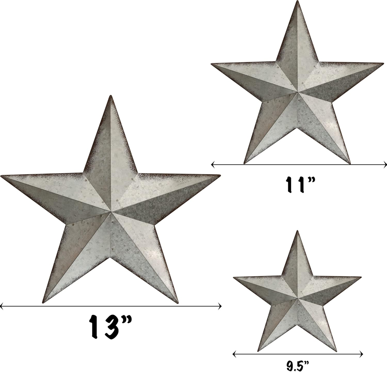 COLLECTIVE HOME - 3 Pcs Metal Barn Star, Galvanized Hanging Wall Decor, Farmhouse Wall Sculpture, 3D 13/11/9.5 Inch Wall Art for Office Living Room Bedroom (Galvanized Star)