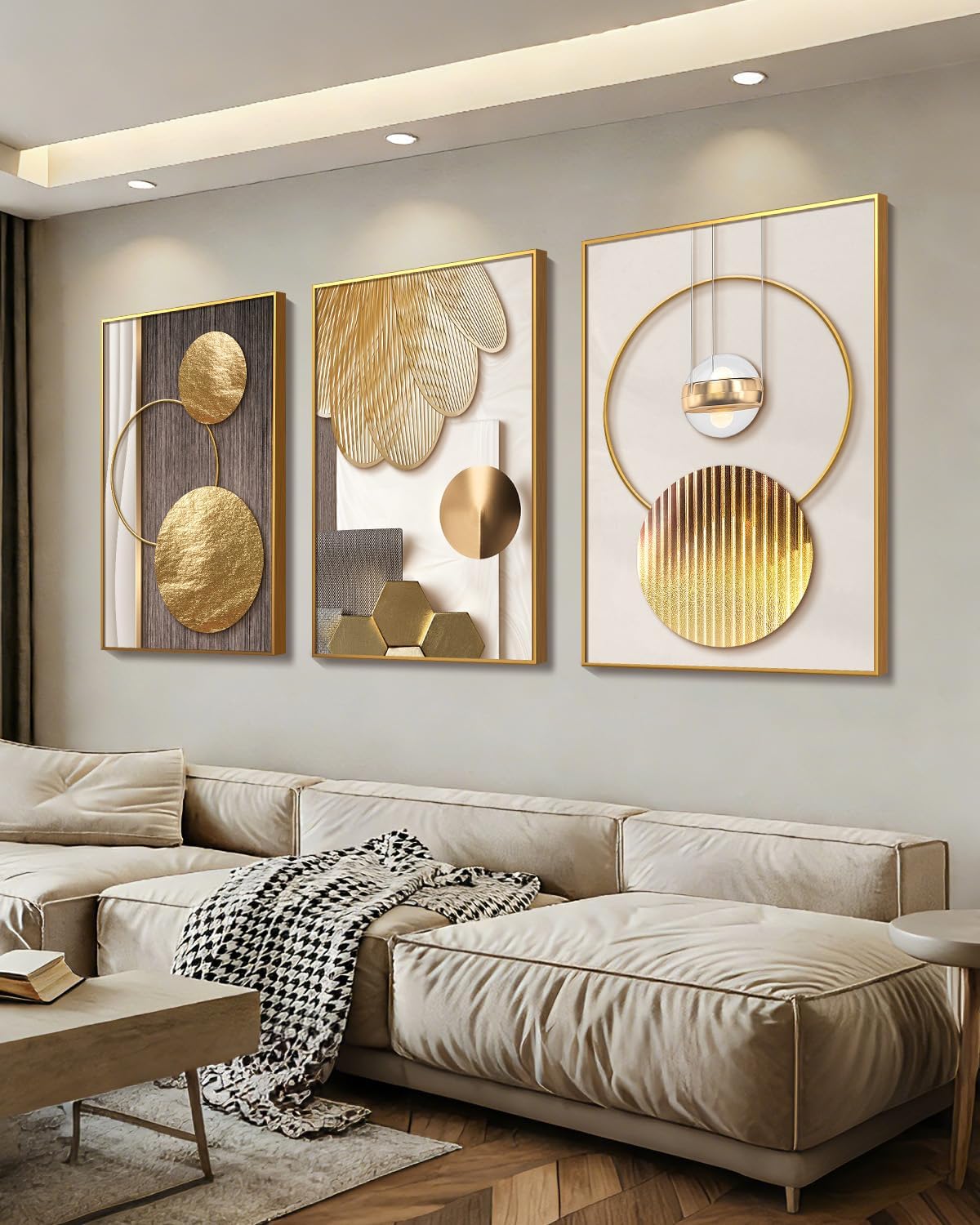 Azartslr Large Framed Modern Rose Gold Wall Art, Luxury 3 Pieces Aluminum Alloy Wall Decor for Living Room, Abstract Gold and Beige Home Bedroom Art Painting, Geometric Crystal Porcelain Artwork Dining Room Pictures Decoration 16x24in