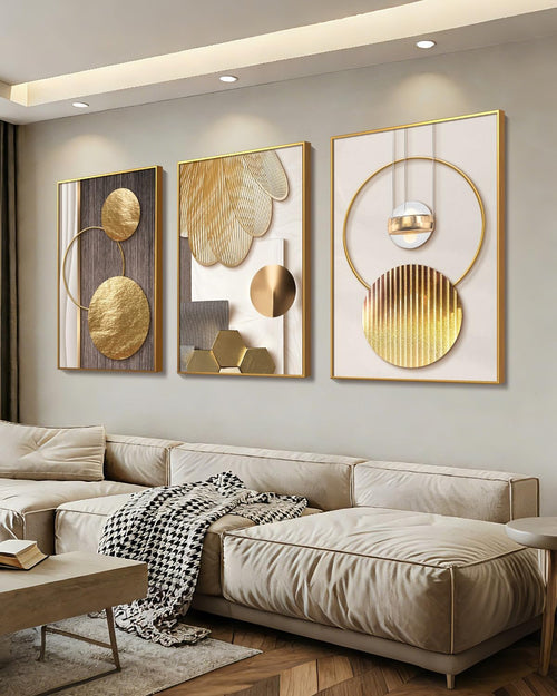 Azartslr Large Framed Modern Rose Gold Wall Art, Luxury 3 Pieces Aluminum Alloy Wall Decor for Living Room, Abstract Gold and Beige Home Bedroom Art Painting, Geometric Crystal Porcelain Artwork Dining Room Pictures Decoration 16x24in