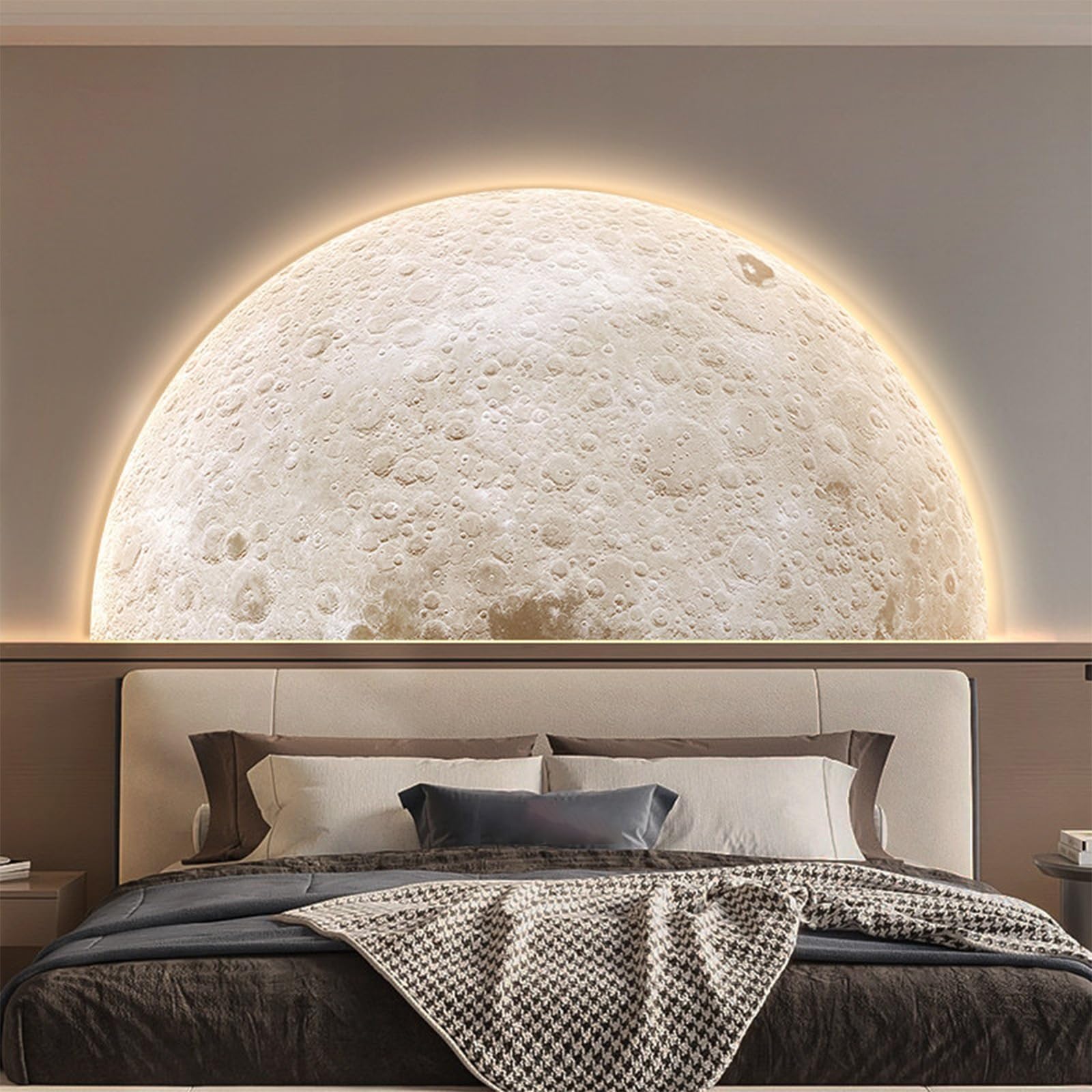 TeHWiEEphs Modern 3D Textured Moon Round 3D LED Wall Art with Remote Control Dimmable Lighting, Elegant Crystal Porcelain Decor for Living Room, Bedroom, Entryway & Accent Walls(S,47.24x23.62in)