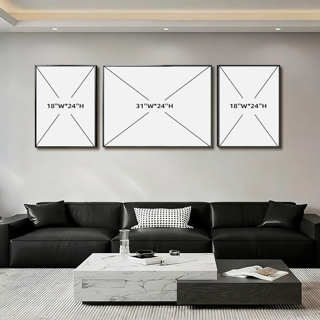 Azartslr Large Framed Modern Black Wall Art, Luxury 3 Pieces Aluminum Alloy Wall Decor for Living Room, Abstract Gray and White Home Bedroom Art Painting, Geometric Crystal Porcelain Artwork Dining Room Pictures Decoration 67''W x 24''H (Total)