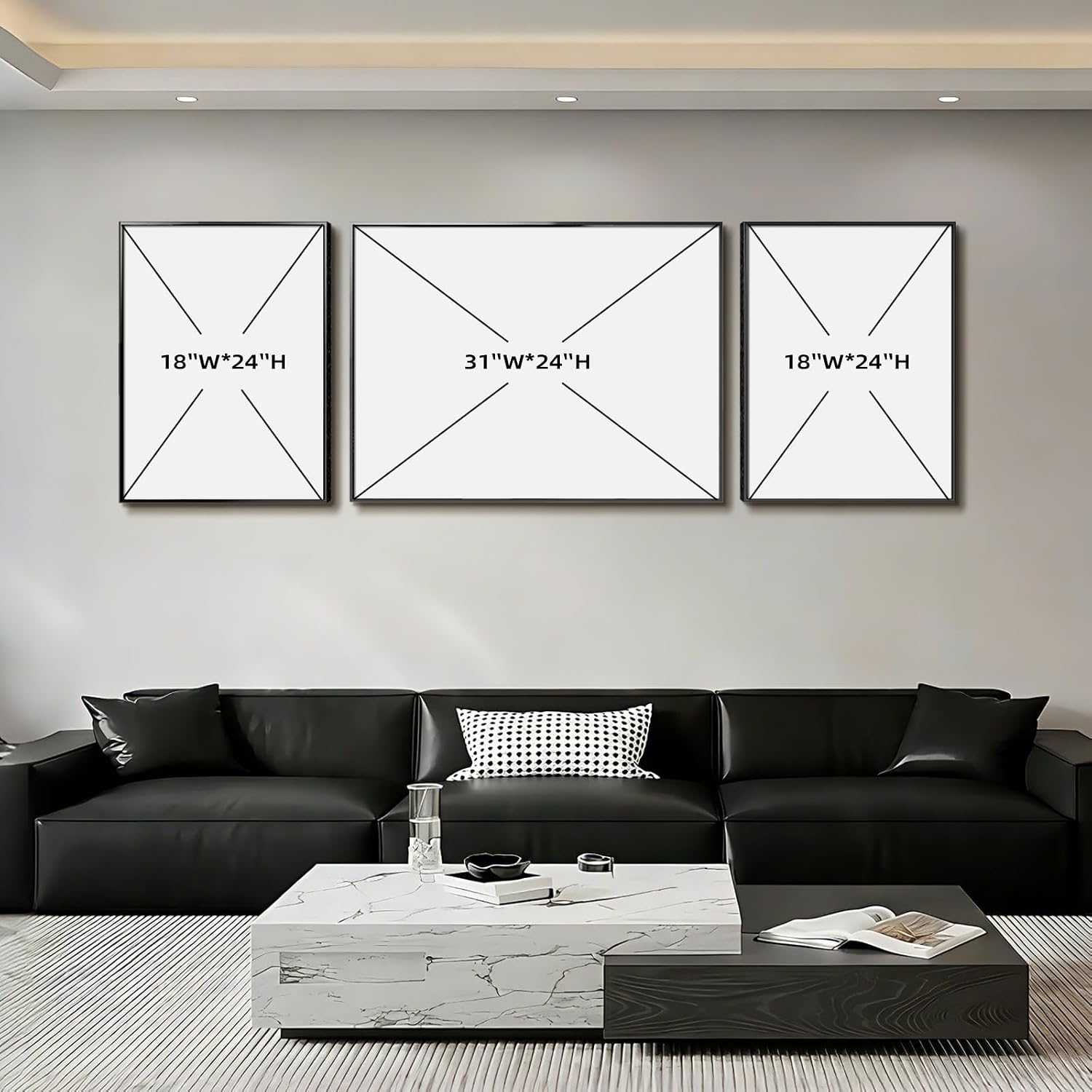 Azartslr Large Framed Modern Black Wall Art, Luxury 3 Pieces Aluminum Alloy Wall Decor for Living Room, Abstract Gray and White Home Bedroom Art Painting, Geometric Crystal Porcelain Artwork Dining Room Pictures Decoration 67''W x 24''H (Total)
