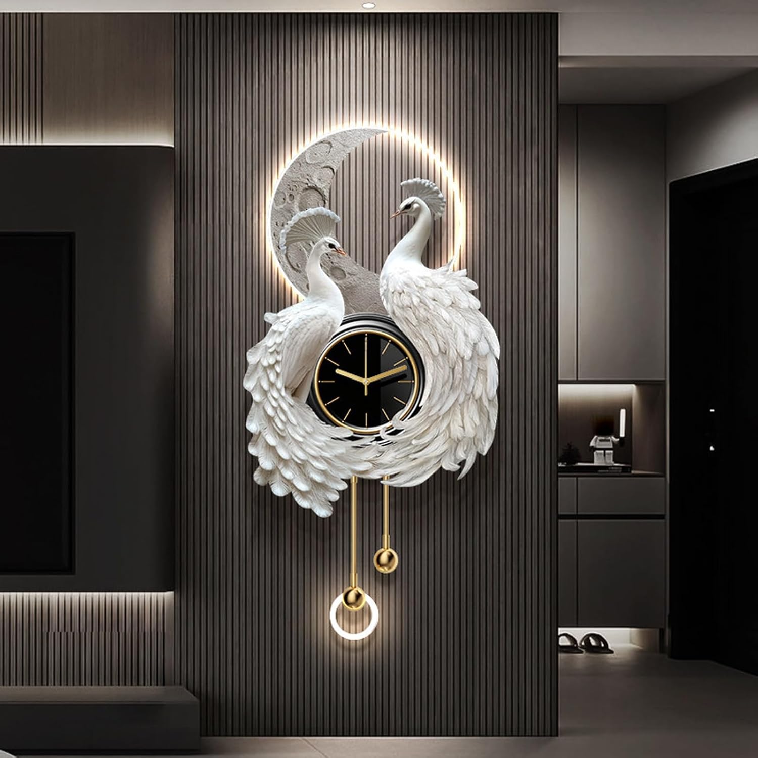 3D Peacock-Shaped Entryway Decorative Wall Clock with LED Light,Creative Wall Hanging Painting Modern,Silent Non Ticking,for Living Room Bedroom Dining Room(White A,19.7 * 39.4")