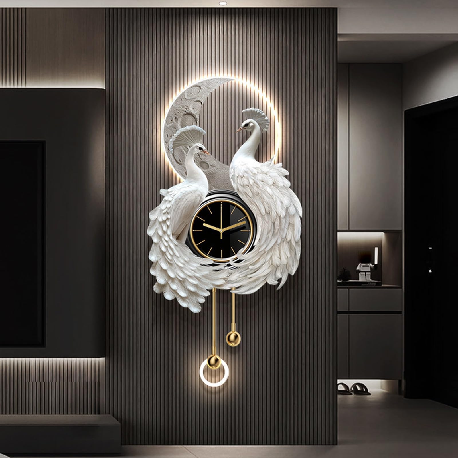 3D Peacock-Shaped Entryway Decorative Wall Clock with LED Light,Creative Wall Hanging Painting Modern,Silent Non Ticking,for Living Room Bedroom Dining Room(White A,19.7 * 39.4")