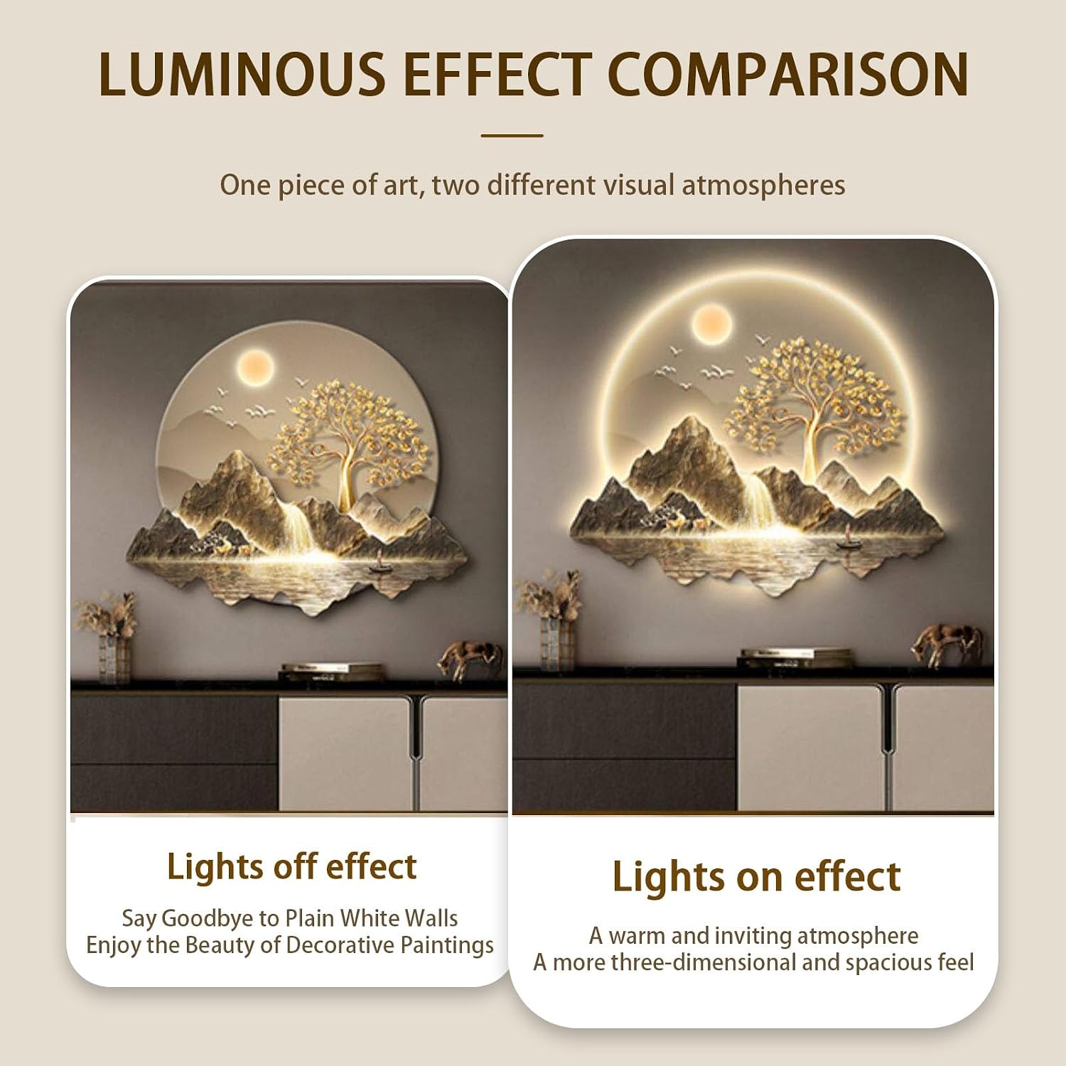 SHYJSGHZ Dimmable 3D LED Wall Art Decor, Golden Money Tree & Mountain Landscape Wall Sculpture, Modern Lighted Picture for Living Room, Entryway, Foyer(F,29.5x25.6in)