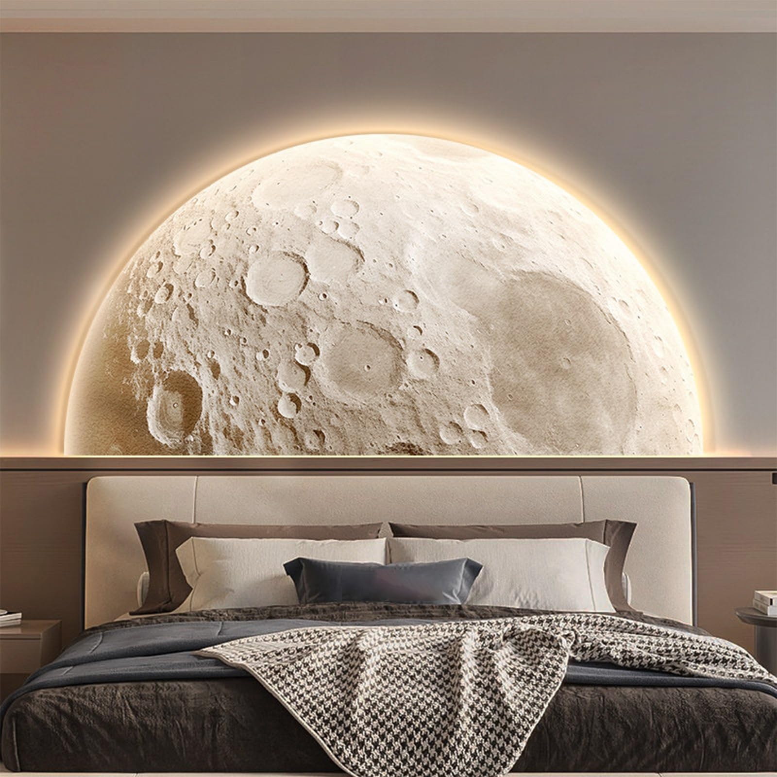 TeHWiEEphs Modern 3D Textured Moon Round 3D LED Wall Art with Remote Control Dimmable Lighting, Elegant Crystal Porcelain Decor for Living Room, Bedroom, Entryway & Accent Walls(S,47.24x23.62in)
