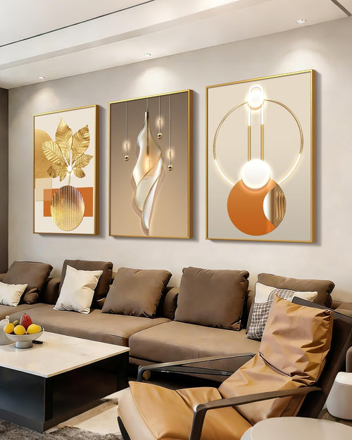 Azartslr Large Framed Modern Rose Gold Wall Art, Luxury 3 Pieces Aluminum Alloy Wall Decor for Living Room, Abstract Gold and Beige Home Bedroom Art Painting, Geometric Crystal Porcelain Artwork Dining Room Pictures Decoration 24x36in