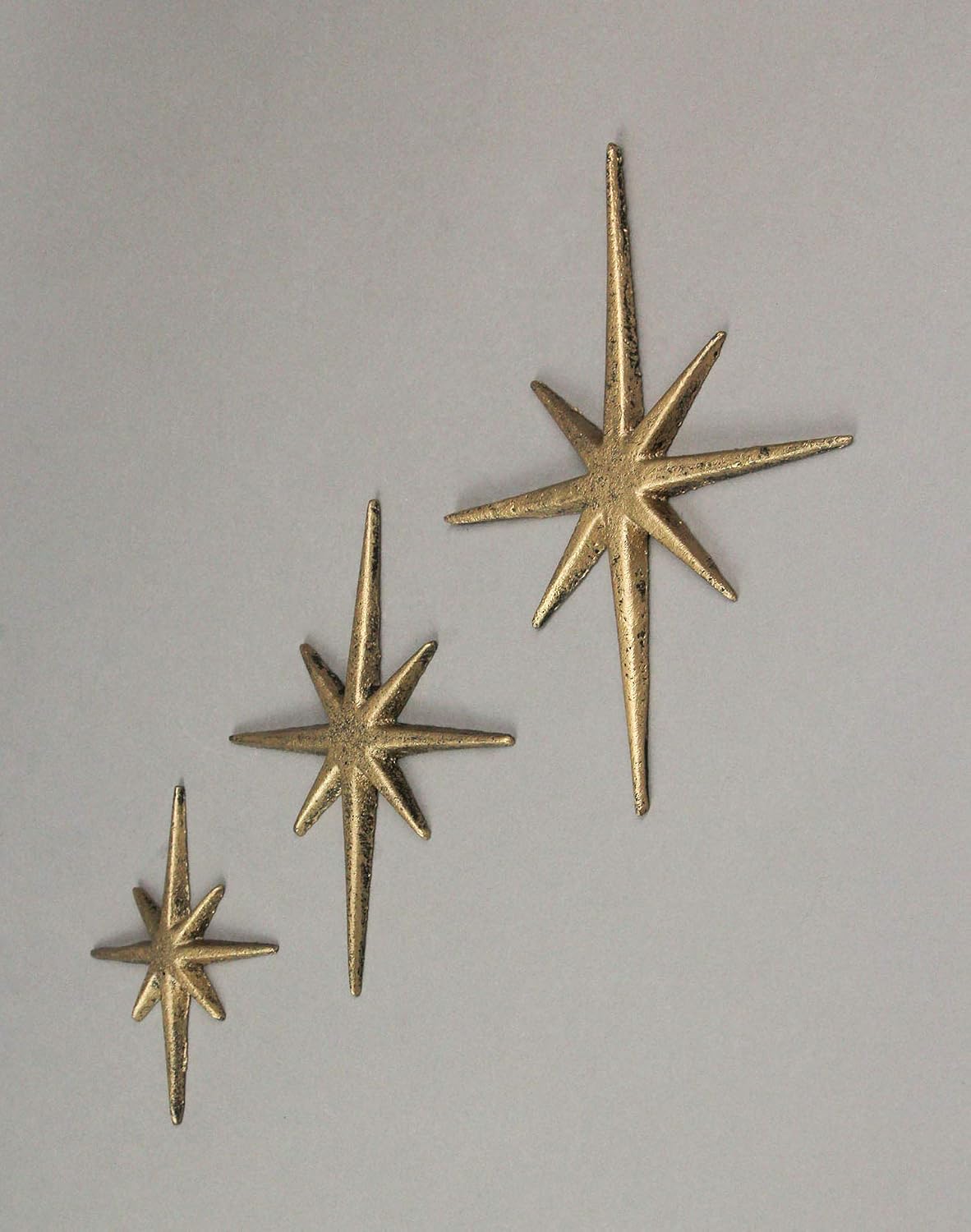 Zeckos Set of 3 Gold Finish Cast Iron 8-Pointed Atomic Starburst Wall Hangings - Mid-Century Modern Elegance - Easy Install - Perfect for Vintage and Eclectic Decor