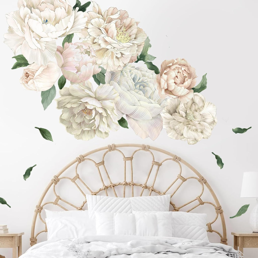 Romantic White Peony Wall Decals, Large Flower Vinyl Wall Art for Nursery & Wedding Decor, Botanical Stickers for Bedroom, Blush Floral Decal