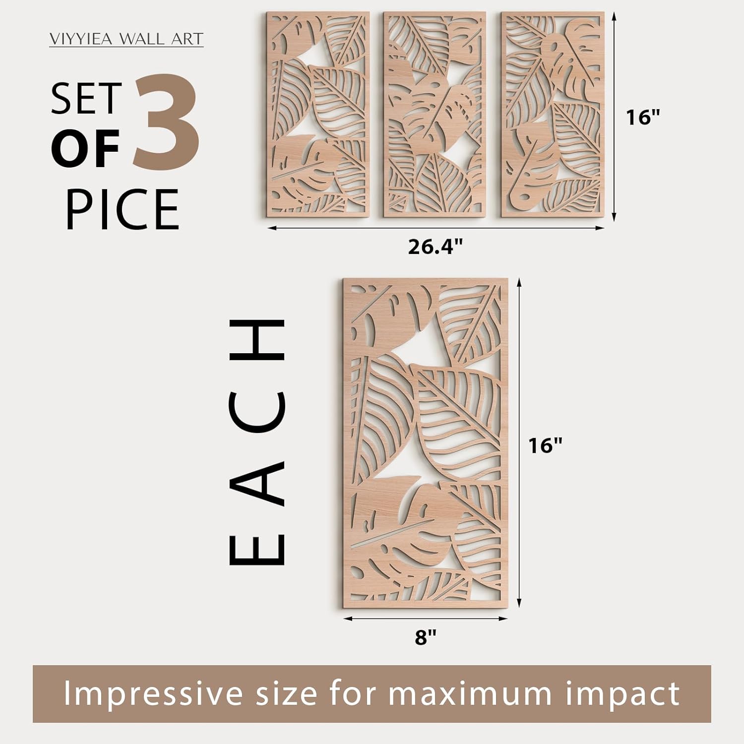 VIYYIEA Boho Solid Wood Carved Wall Art Set of 3, Geometric Minimalist Wooden Home Decor Panels, Handcrafted Solid Wood Wall Hanging for Living Room Bedroom Hallway, 16 x 8 Inch Each (Leaves Oak)