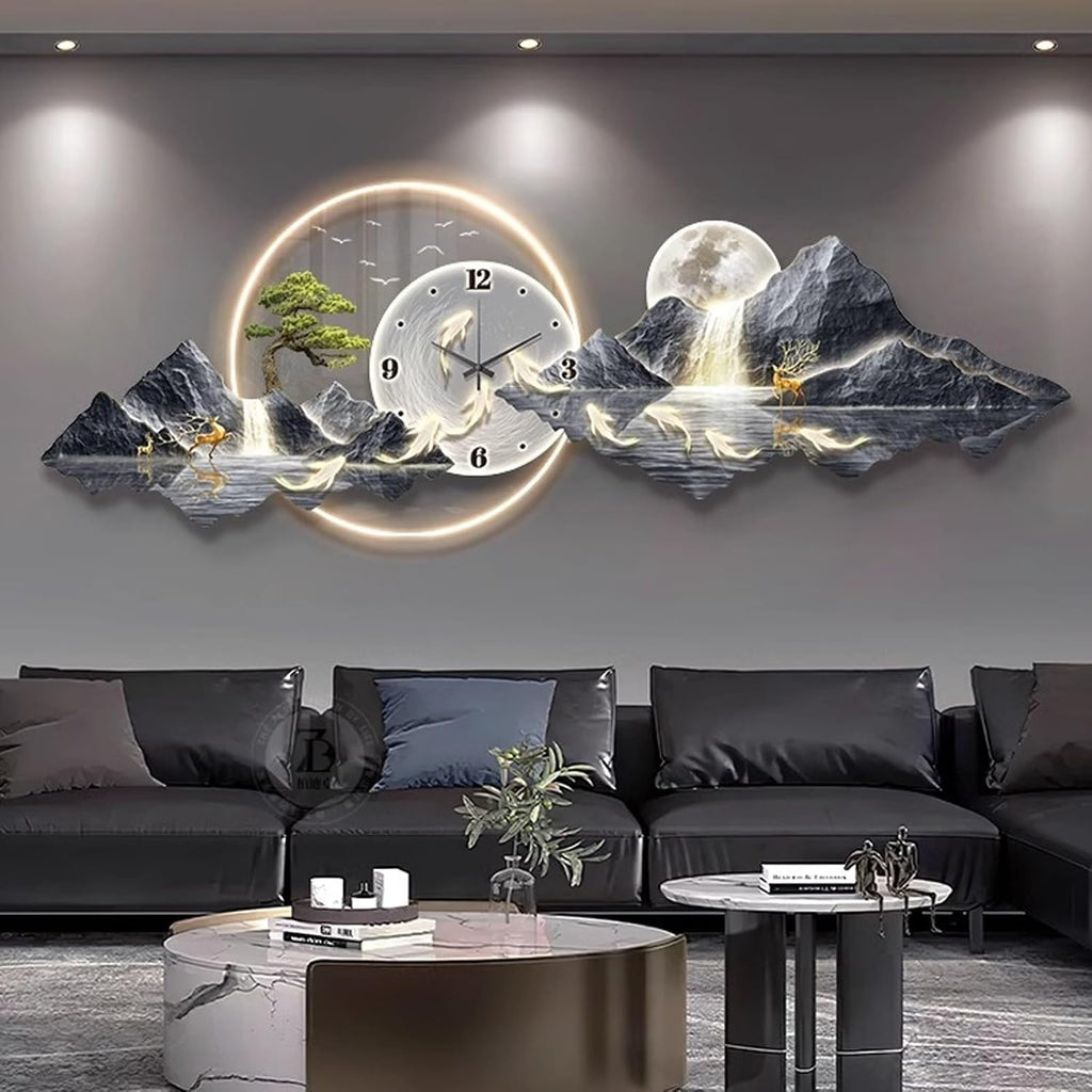 3D Wall Art Clock Decor with LED Light,Plug-in Power Illuminated Mountain Landscape Wall Decorative,Fake Tree Moon,Acrylic Crystal Porcelain Craft for Living Room(D,35 * 100CM/13.8 * 39.7IN)