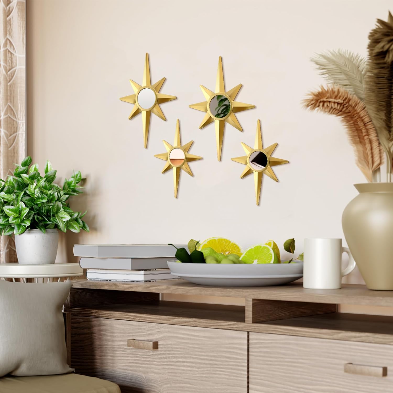 Mid Century Atomic Star Gold Metal Wall Mirror Set for Home Office