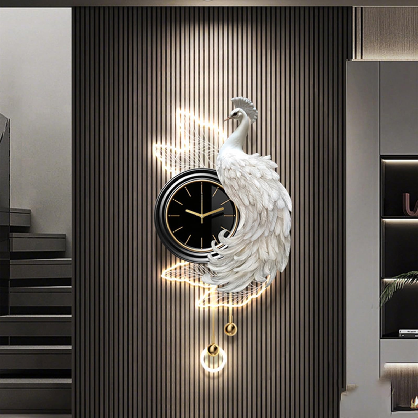 31.4in White Peacock LED Wall Art with Silent Clock Metal Sculpture