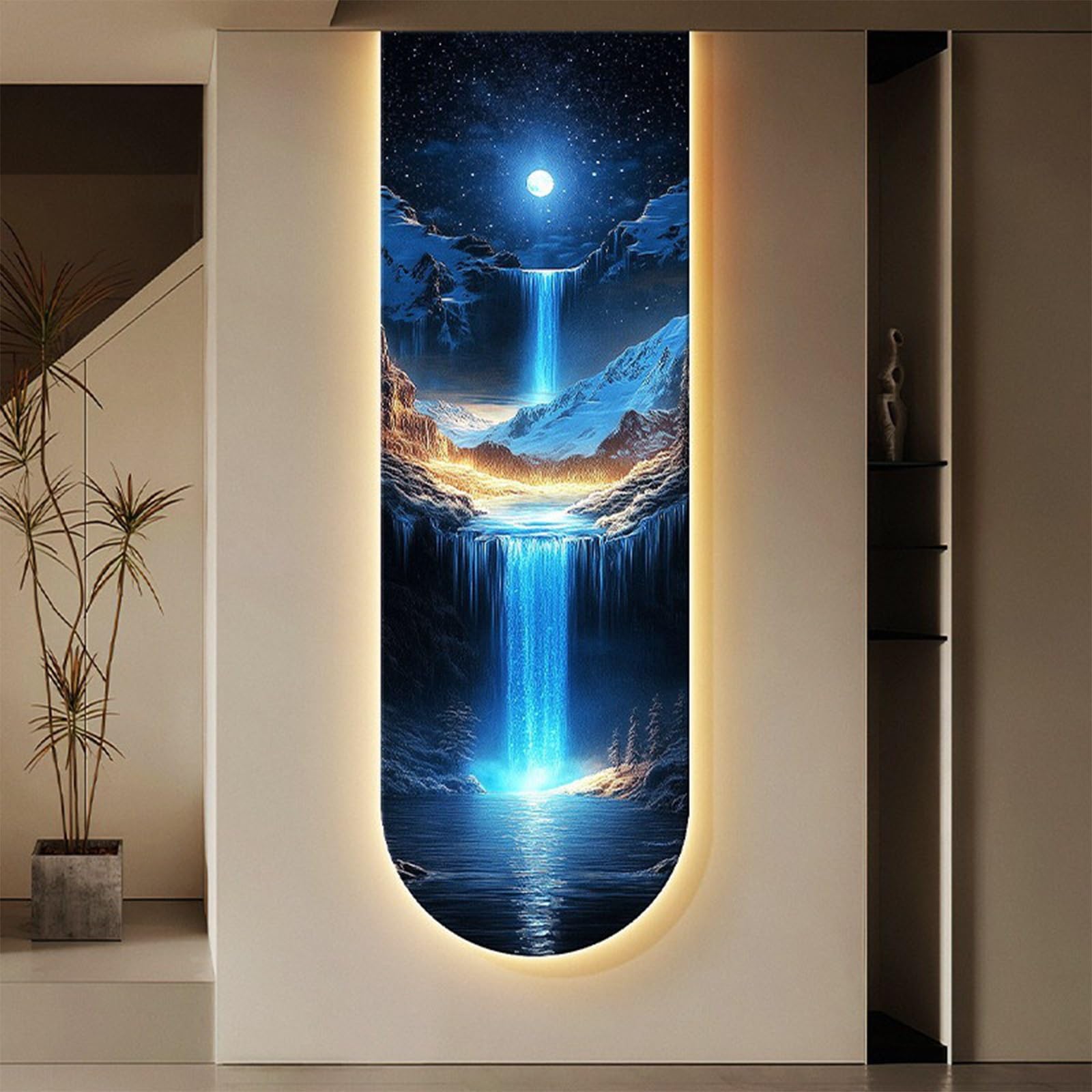 3D LED Wall Art, Moon Waterfall Vertical LED Wall Decor with Crystal Porcelain Large Wall Art for Entryway Living Room(C,40 * 120cm/15.75"*47.24"in)