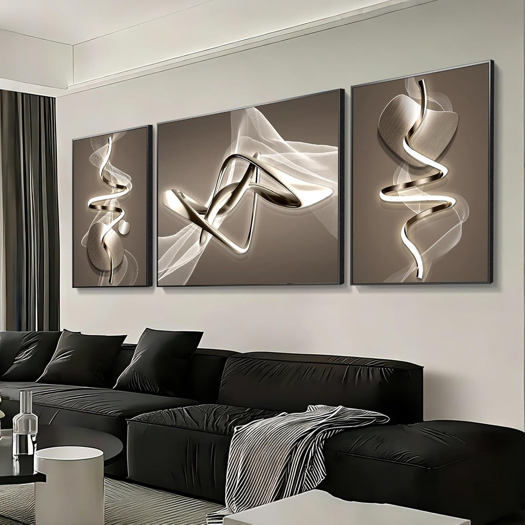 Azartslr Large Framed Modern Black Wall Art, Luxury 3 Pieces Aluminum Alloy Wall Decor for Living Room, Abstract Gray and White Home Bedroom Art Painting, Geometric Crystal Porcelain Artwork Dining Room Pictures Decoration 67''W x 24''H (Total)