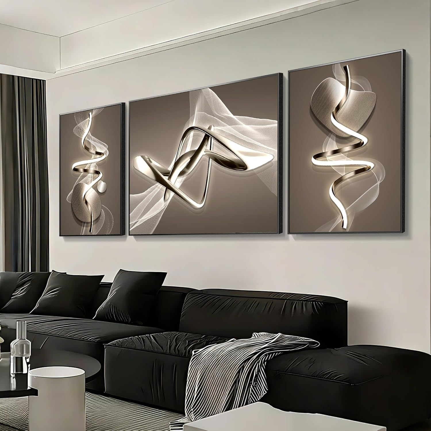 Azartslr Large Framed Modern Black Wall Art, Luxury 3 Pieces Aluminum Alloy Wall Decor for Living Room, Abstract Gray and White Home Bedroom Art Painting, Geometric Crystal Porcelain Artwork Dining Room Pictures Decoration 67''W x 24''H (Total)
