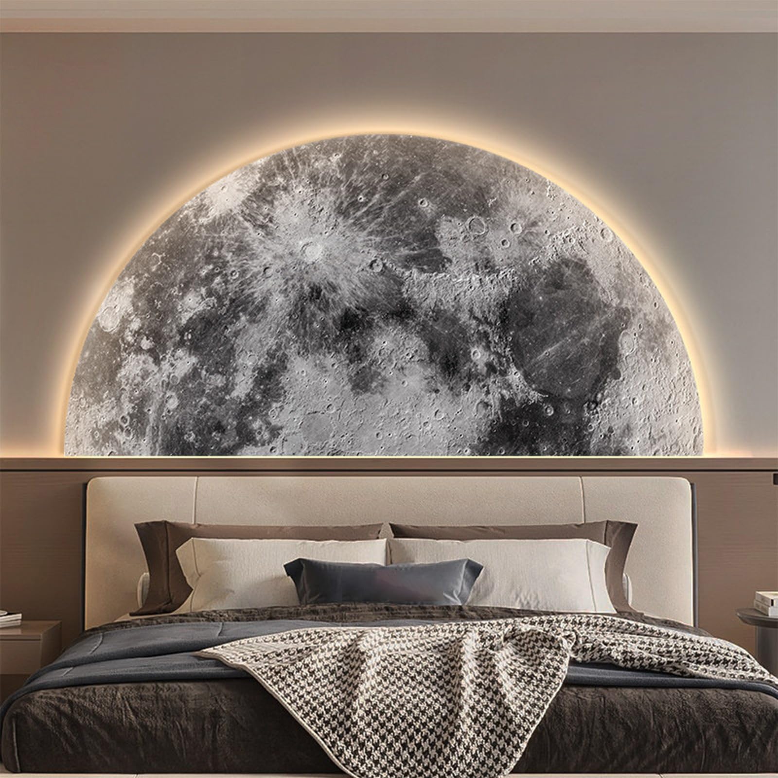 TeHWiEEphs Modern 3D Textured Moon Round 3D LED Wall Art with Remote Control Dimmable Lighting, Elegant Crystal Porcelain Decor for Living Room, Bedroom, Entryway & Accent Walls(S,47.24x23.62in)